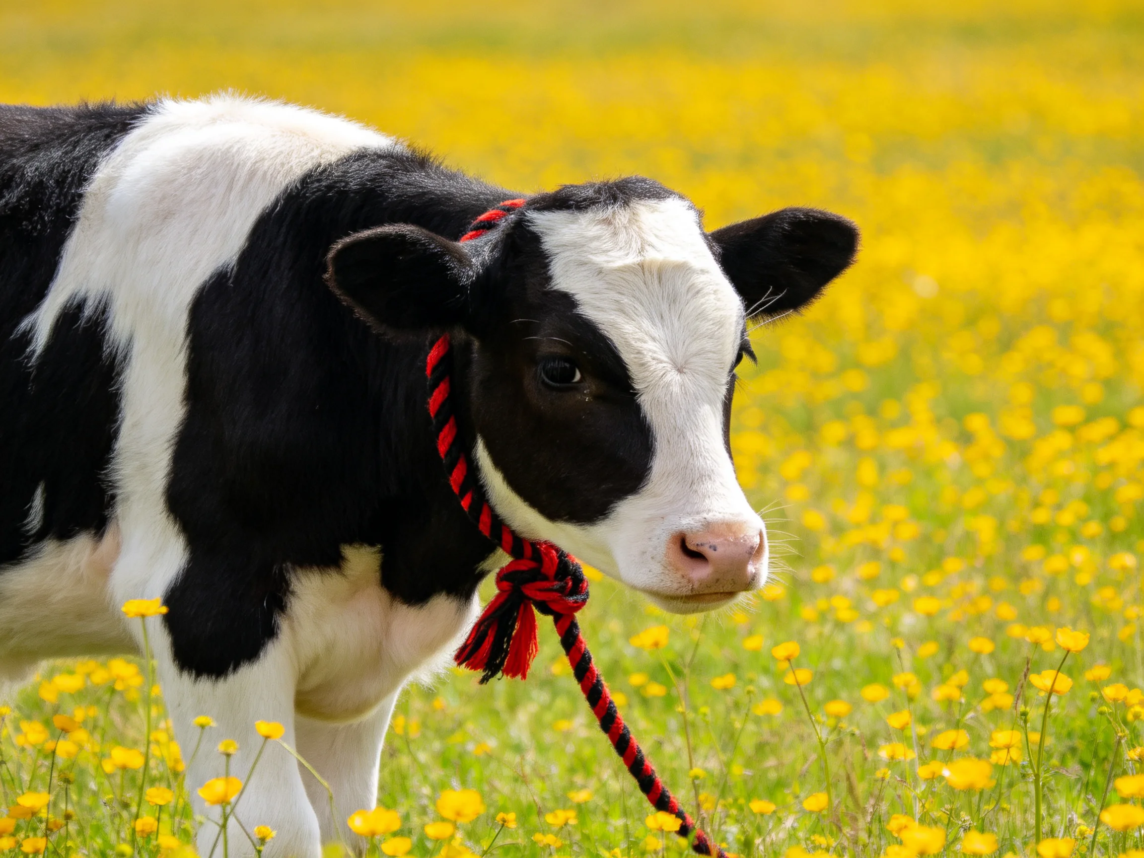 A black and white calf with a red rope in a field of yellow wildflowers