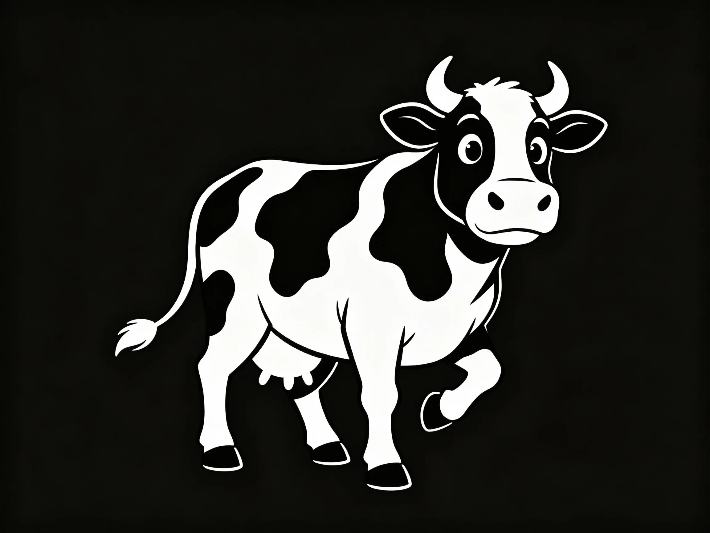 A black and white cartoon cow with bold patches and curved horns