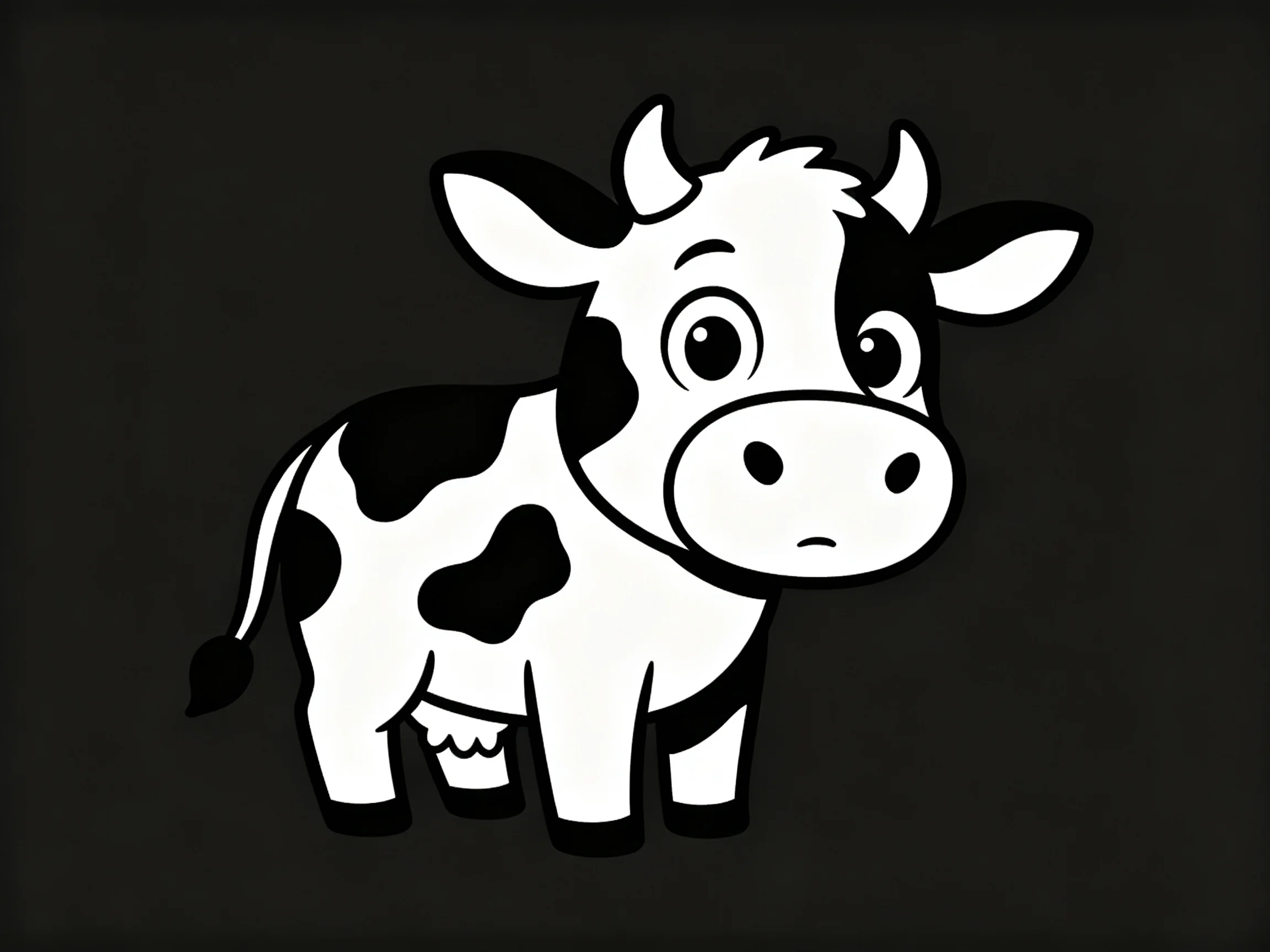 A black and white cartoon cow with large eyes and spotted markings