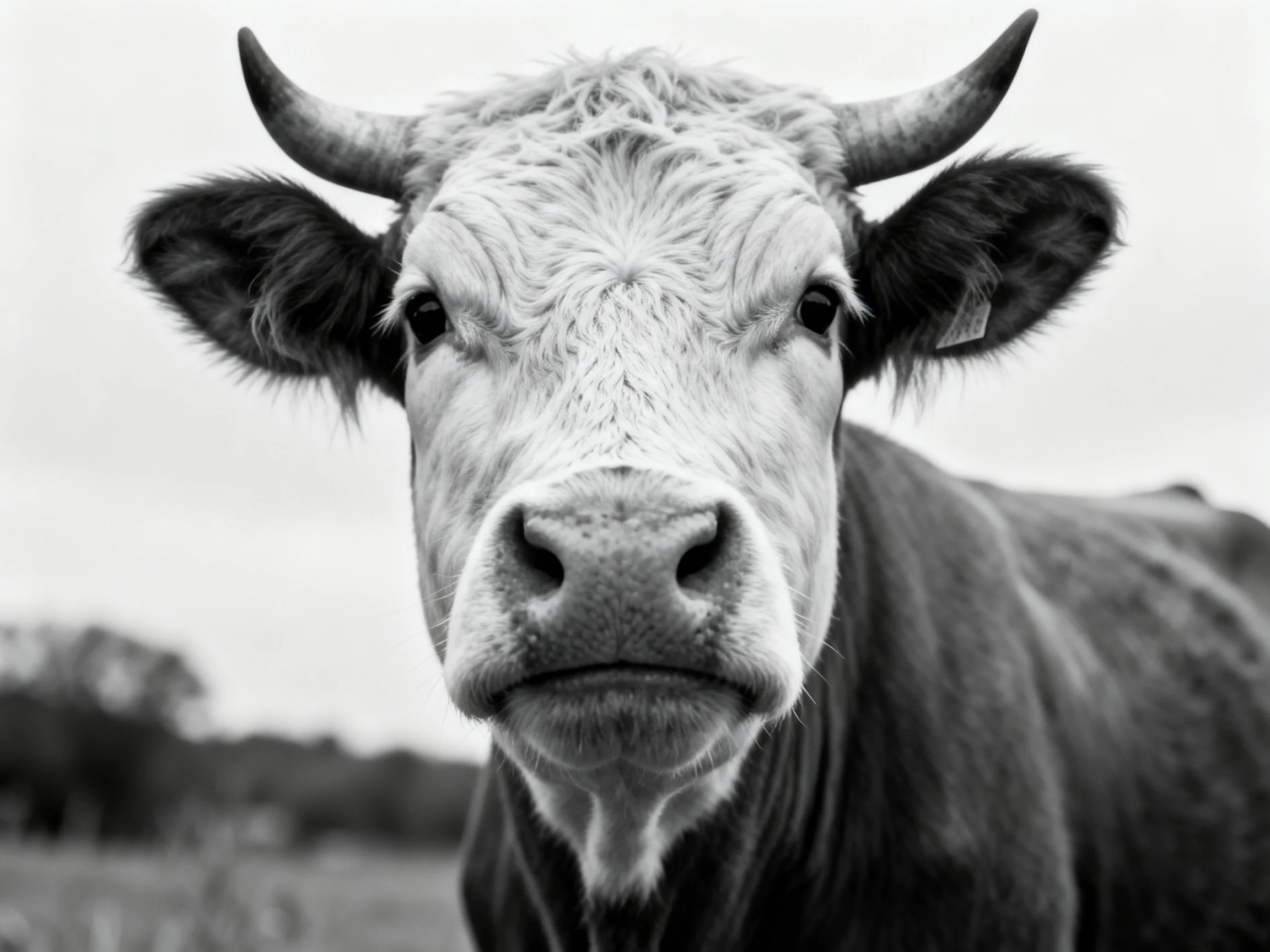 A black-and-white close-up of a horned cow with textured fur
