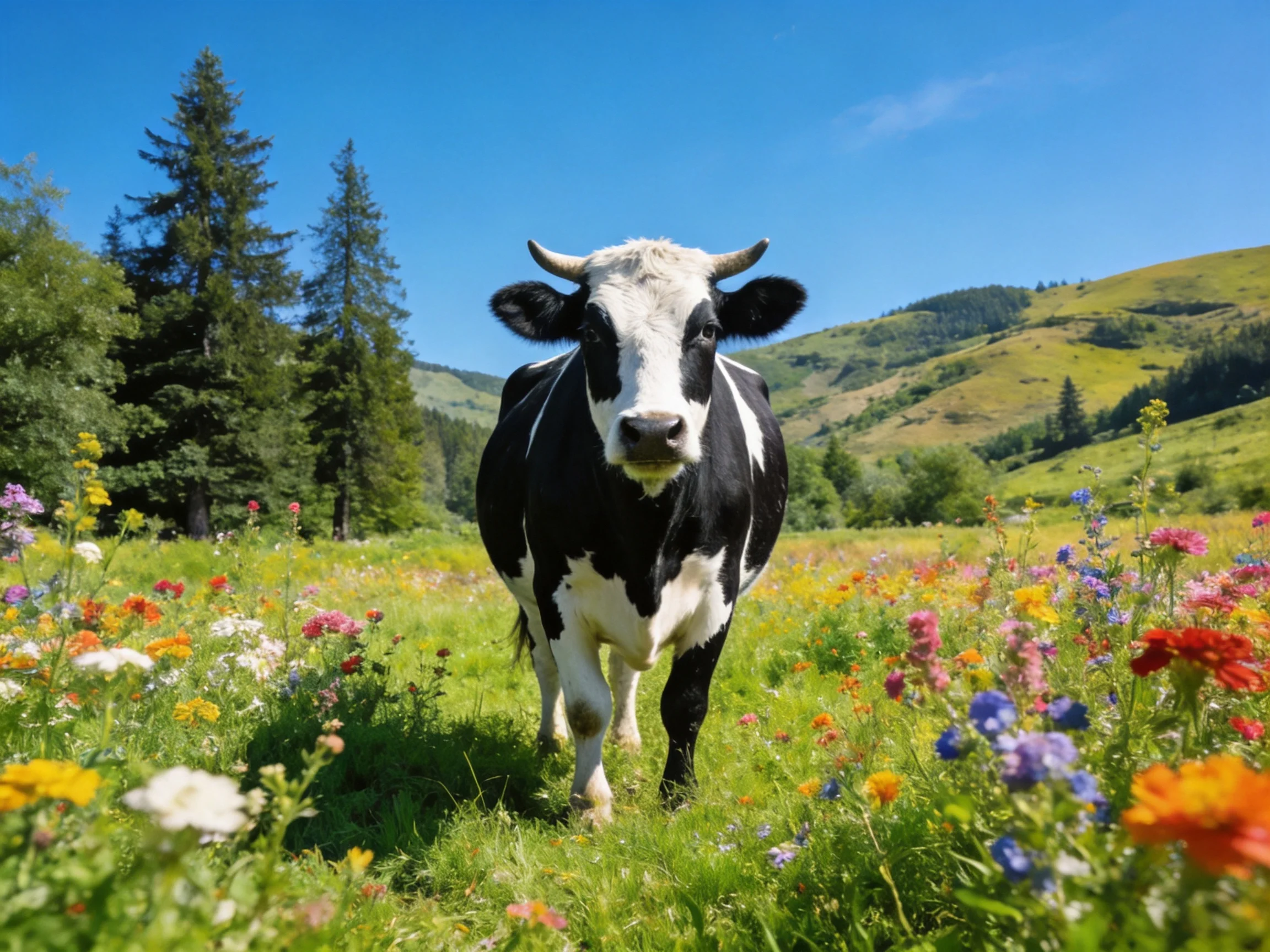A black-and-white cow amidst colorful wildflowers in a sunny meadow