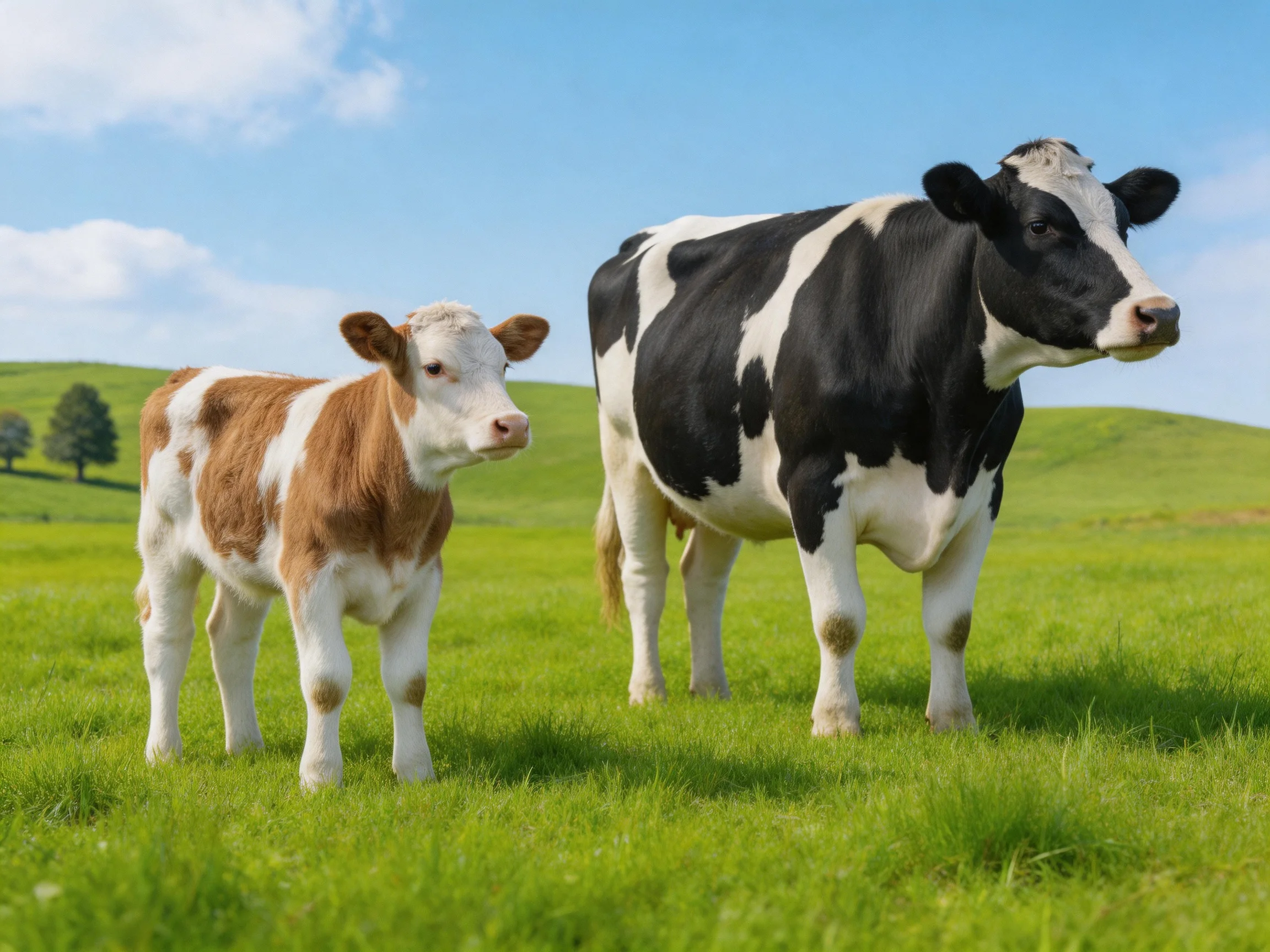 A black-and-white cow and a brown-and-white calf stand in a green pasture