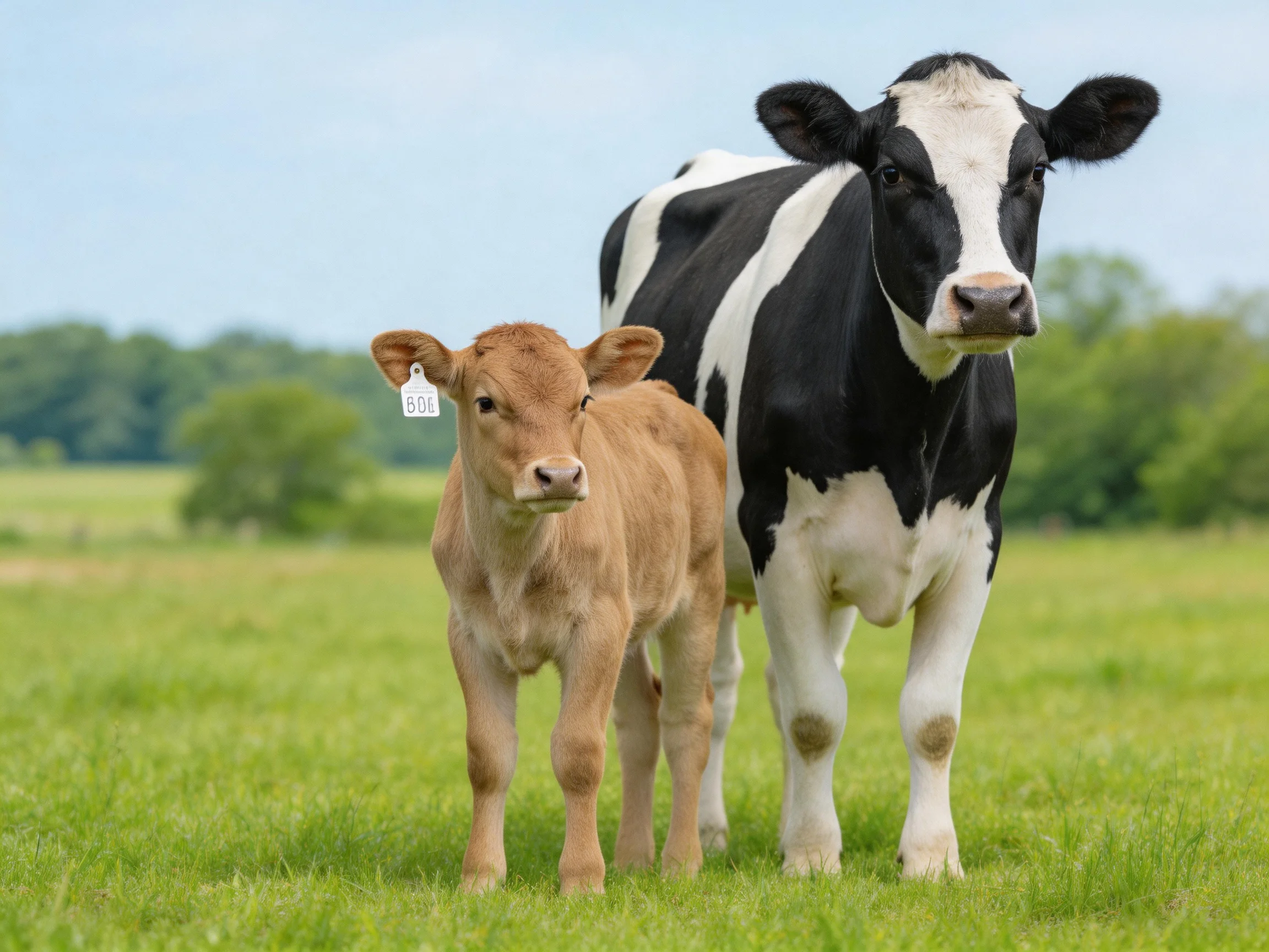 A black and white cow and a brown calf stand in a green pasture