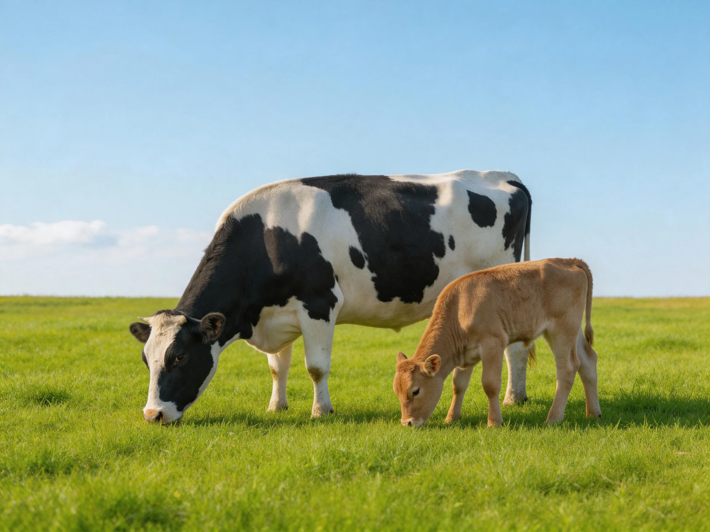 A black and white cow and brown calf graze in a lush green meadow