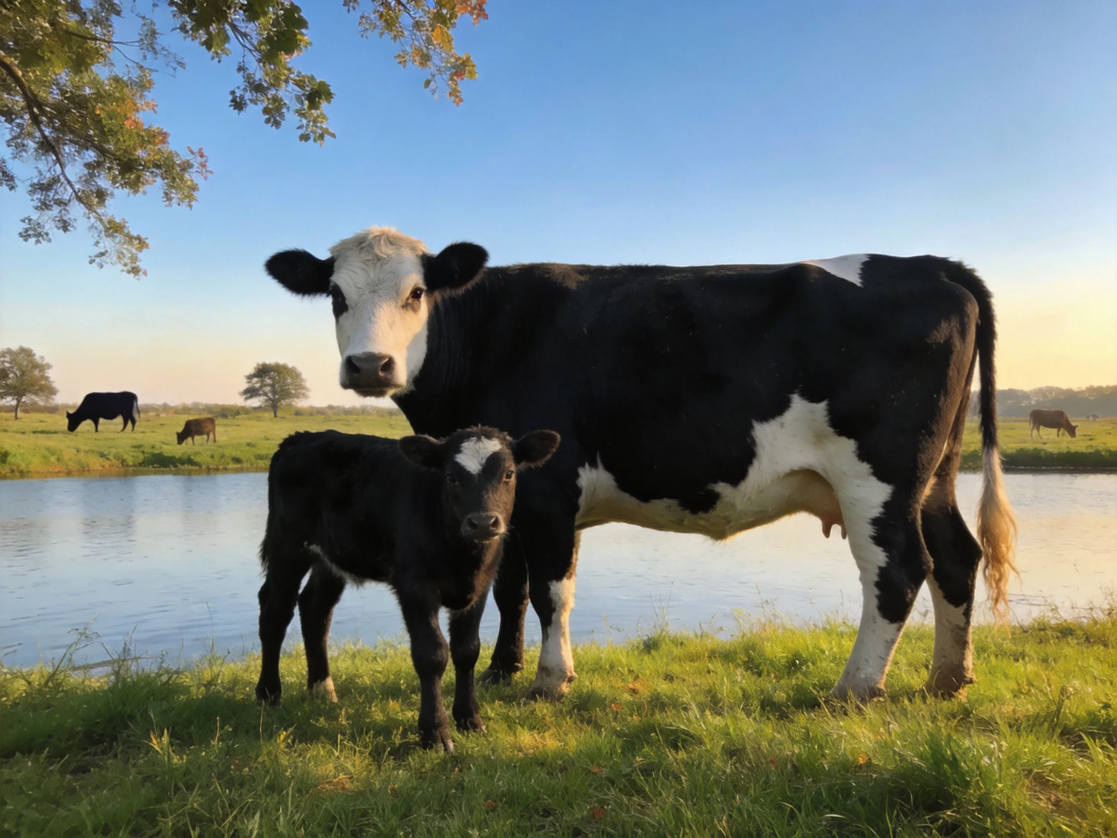 A black and white cow and calf by a calm river with distant cows