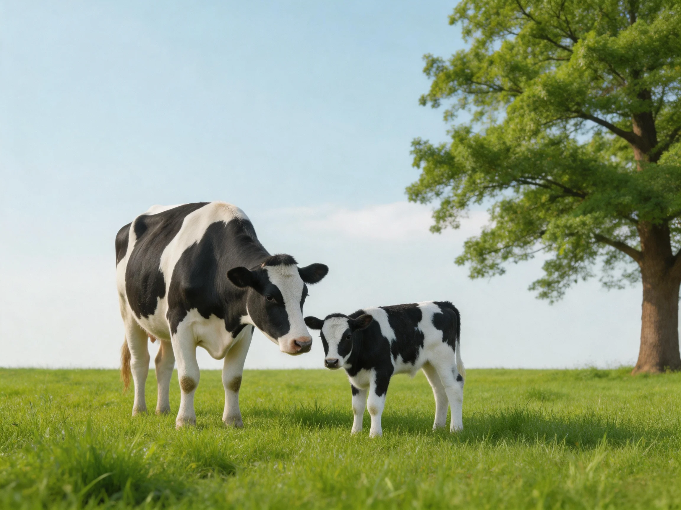 An adult cow and calf stand together in a sunny meadow with a large tree.