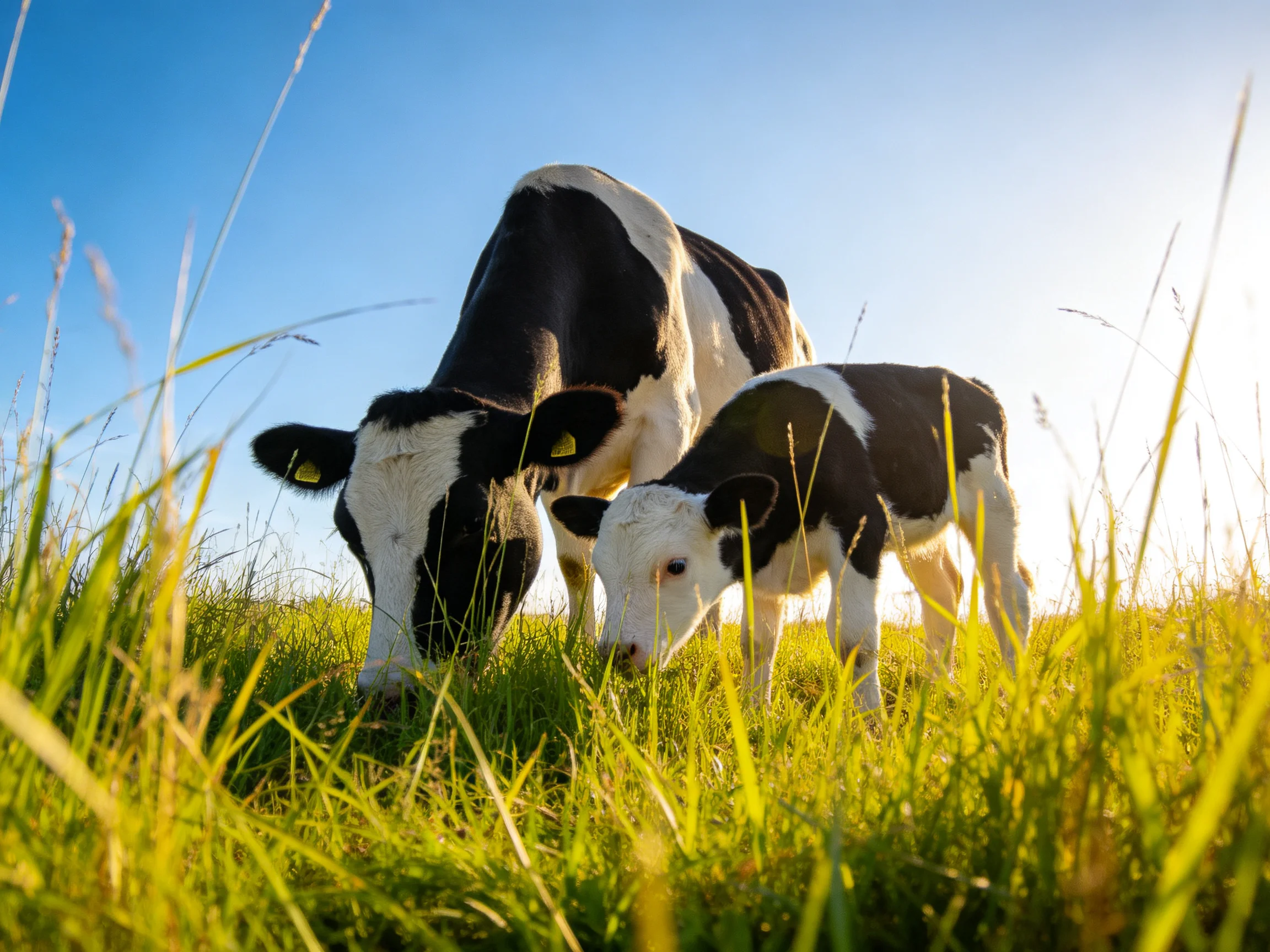 A black-and-white cow and calf graze in a sunlit green meadow