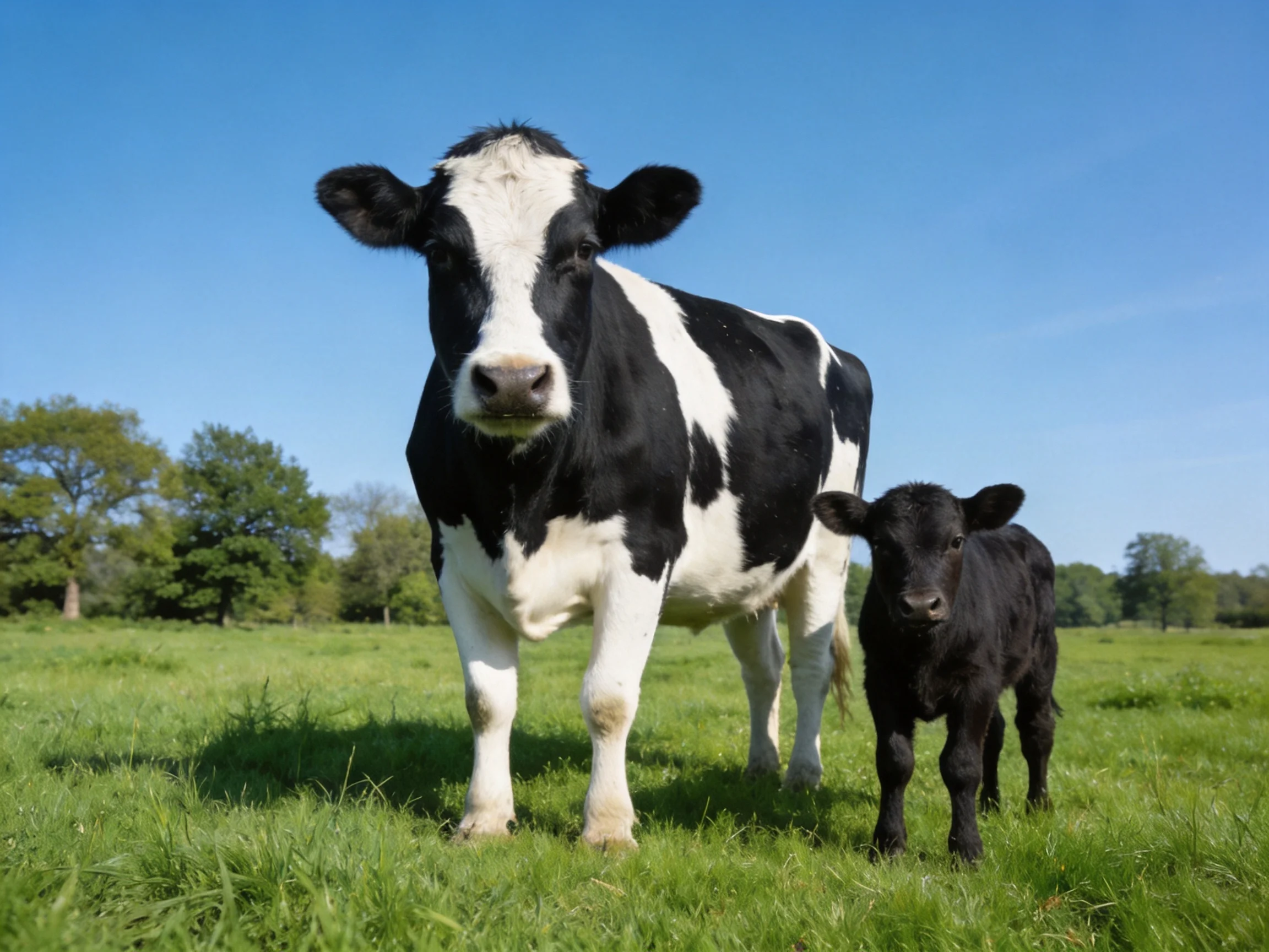 A black and white cow and a small black calf stand in a sunny green pasture.