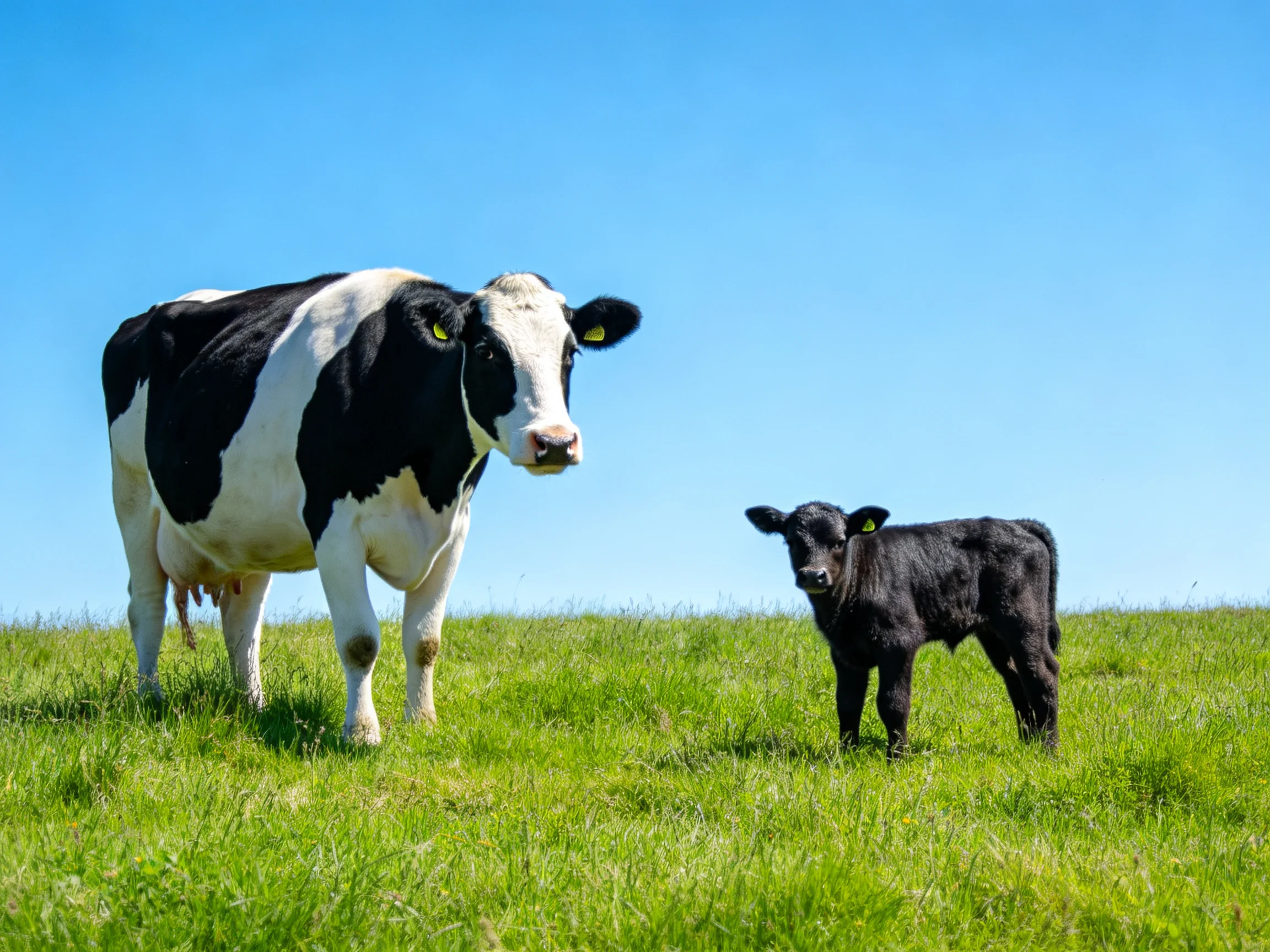 A black and white cow stands beside a small black calf on a grassy field under a clear blue sky