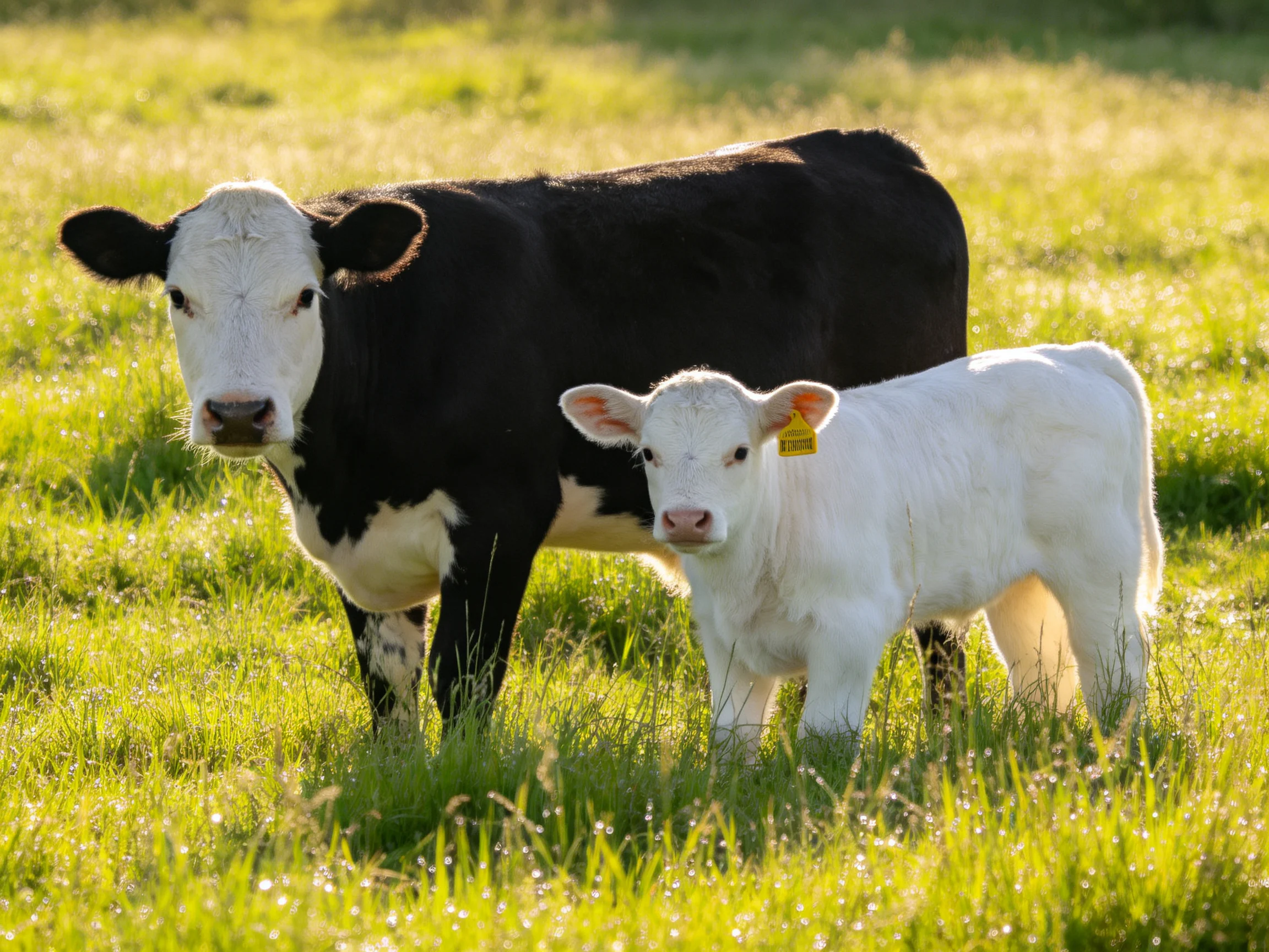 A black-and-white cow and white calf stand together in a sunlit meadow.