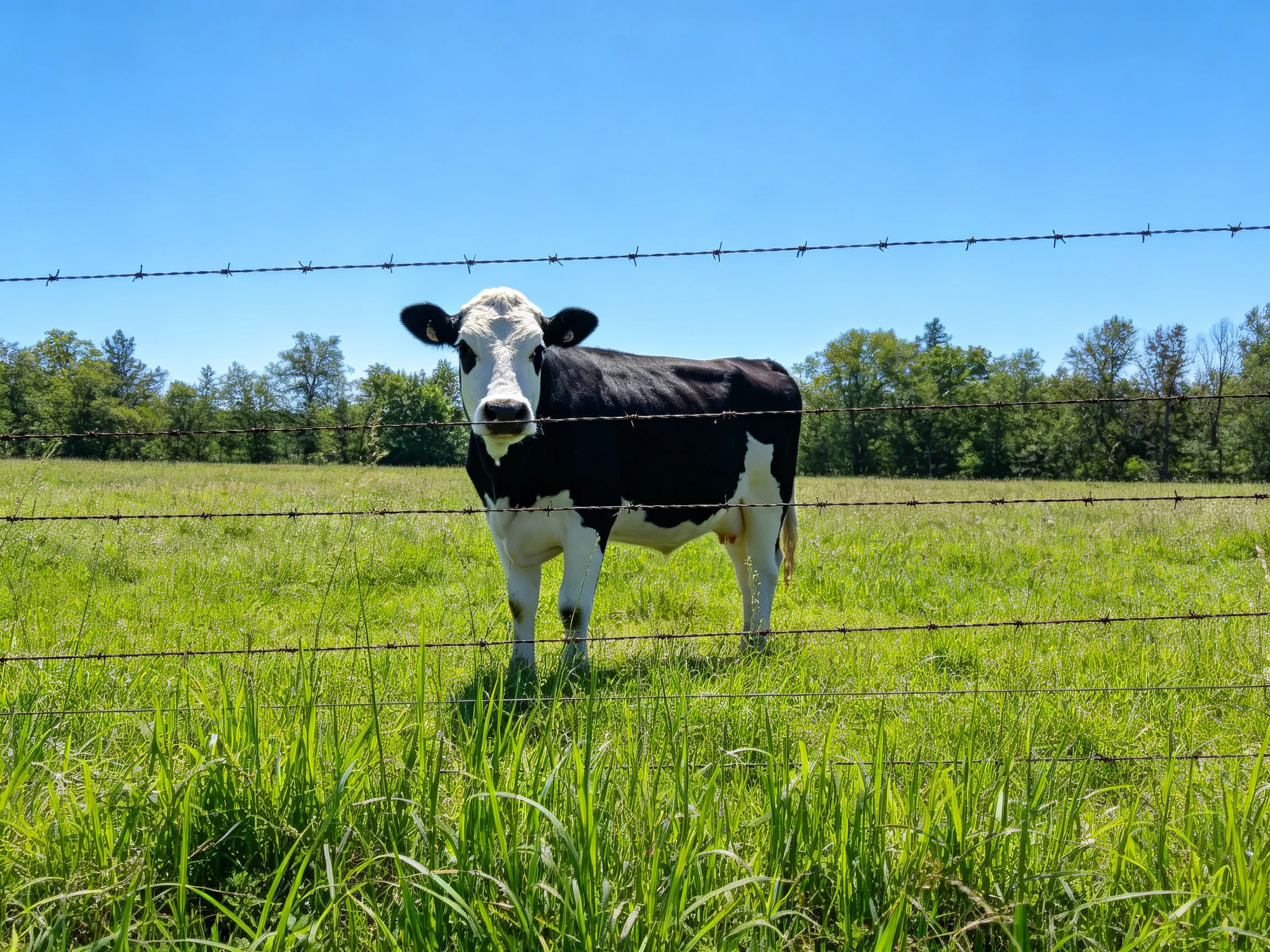 A black and white cow behind a barbed wire fence in a green pasture
