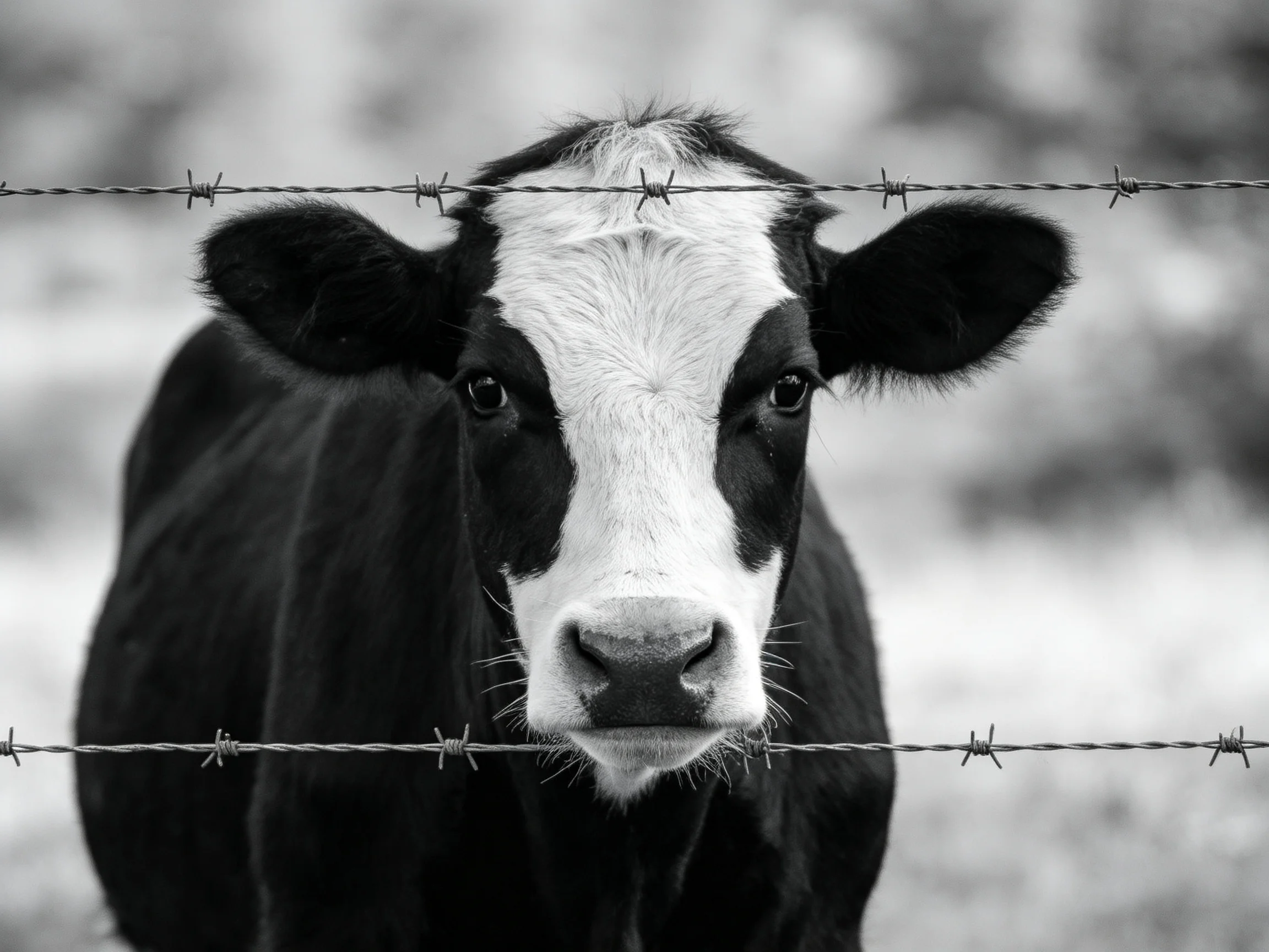 A black and white cow behind two strands of barbed wire