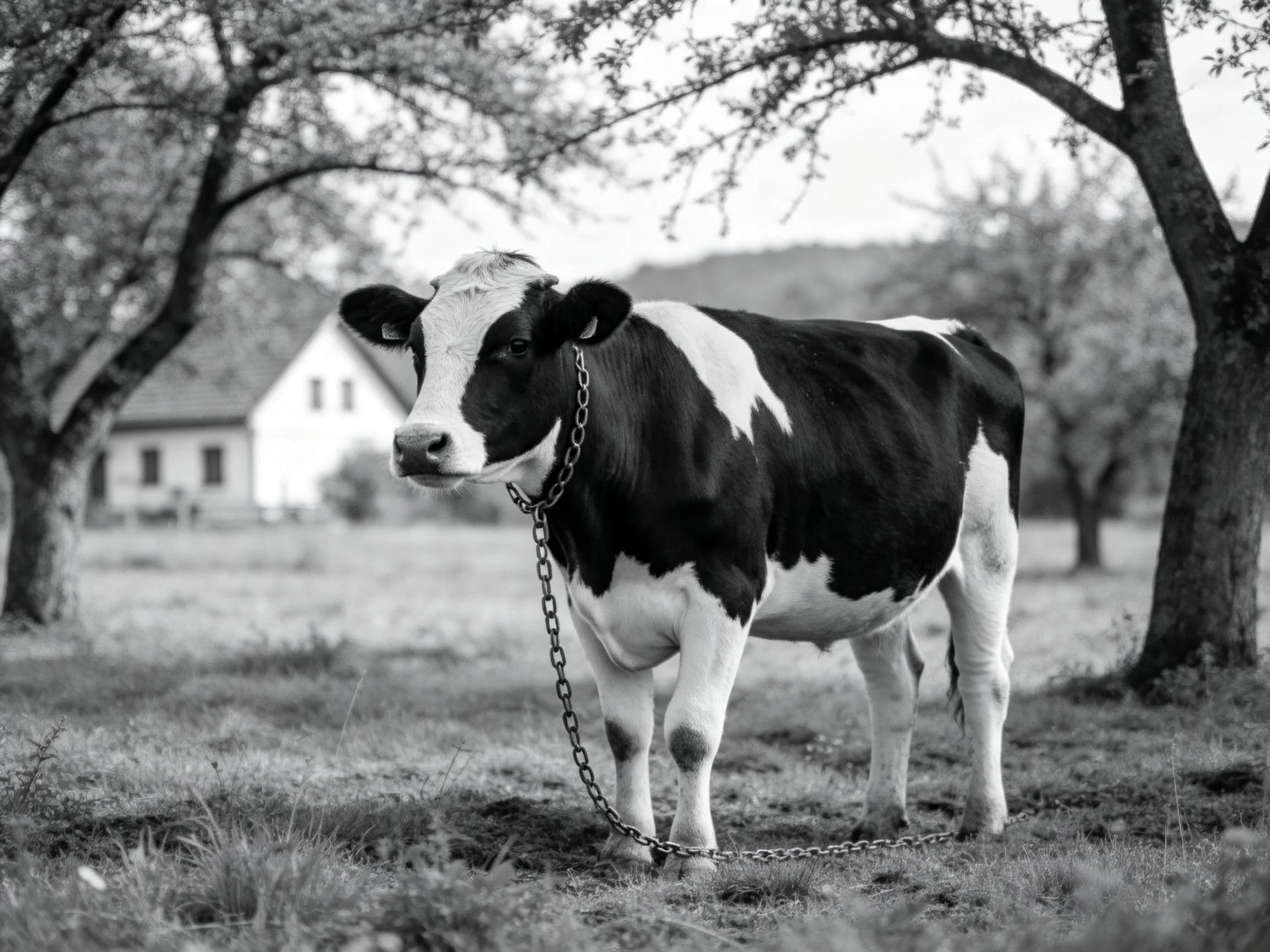 A black and white cow chained near two trees with a distant house