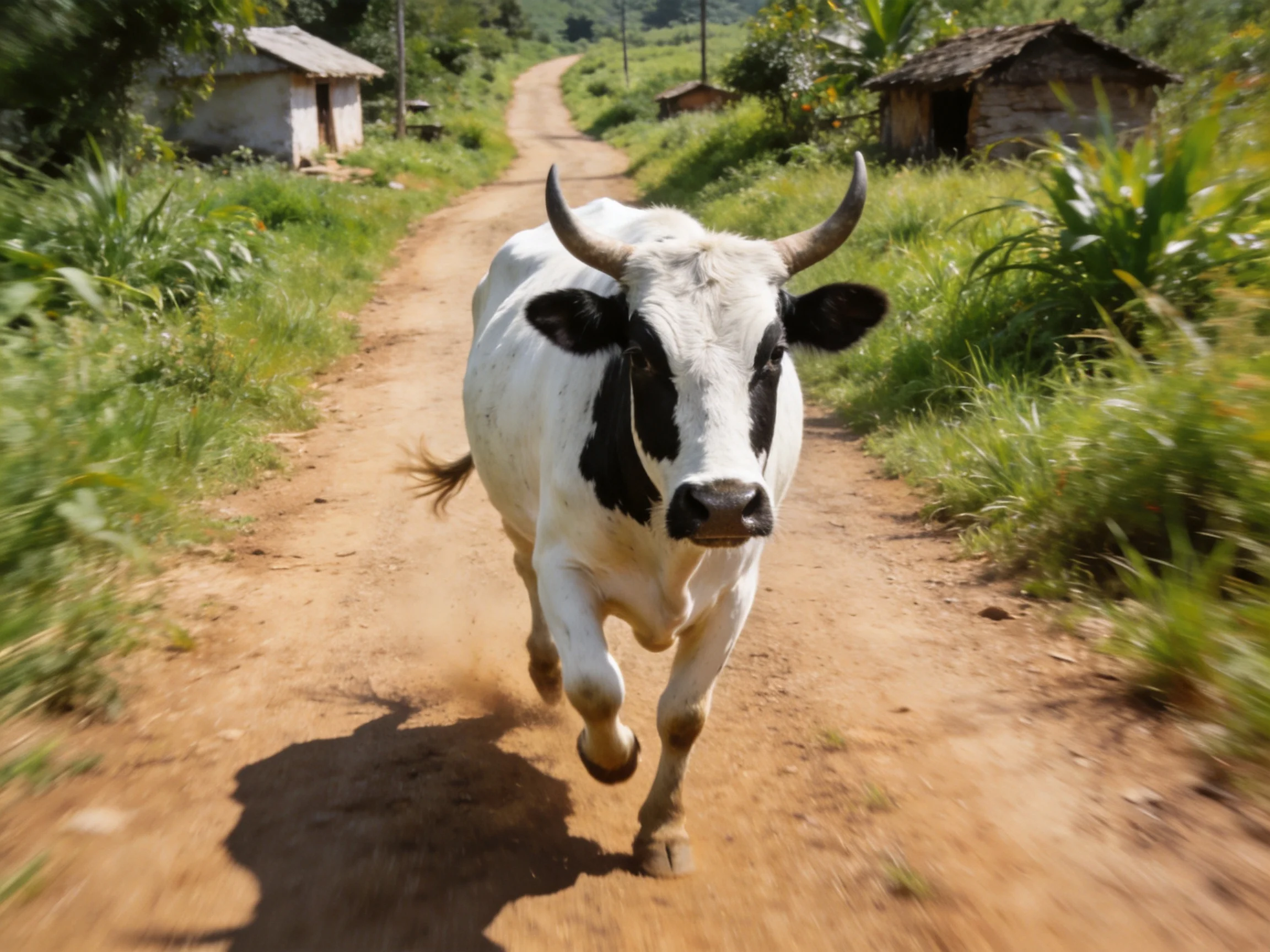 A black-and-white cow charging down a dusty country lane beside rustic huts