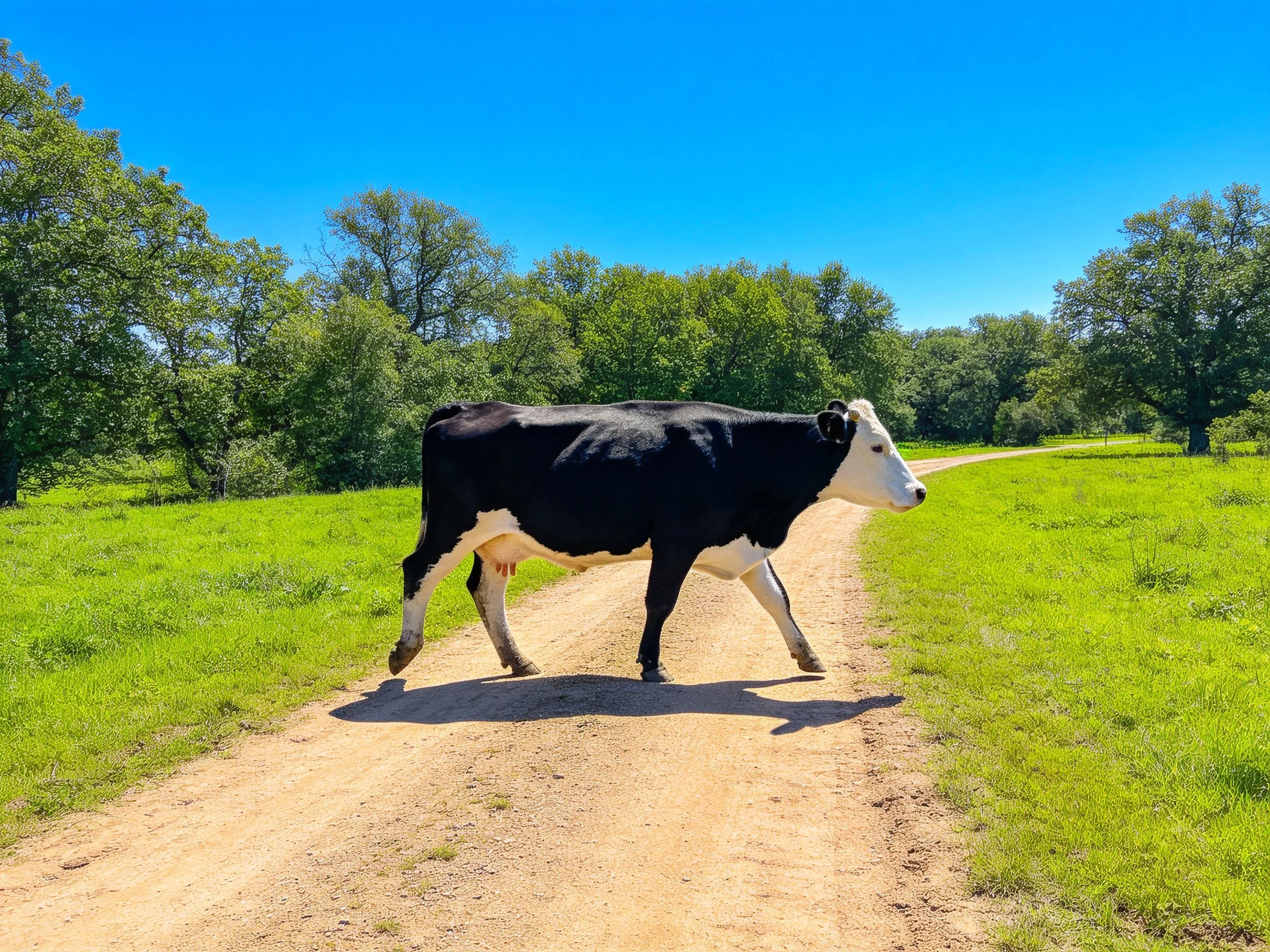 A black and white cow crosses a dusty country dirt road amid lush green fields