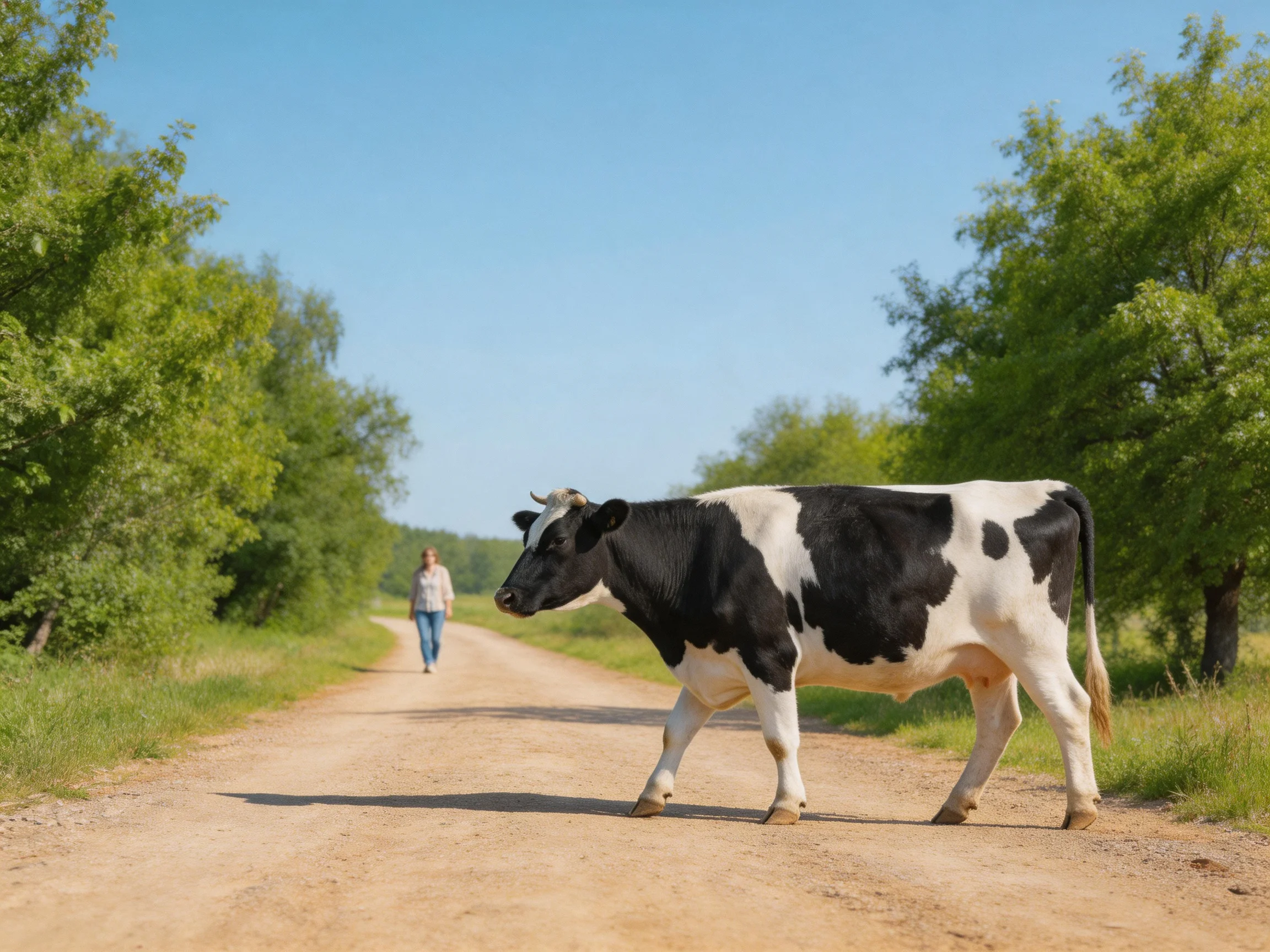 A black and white cow crosses a sunny dirt path near green trees