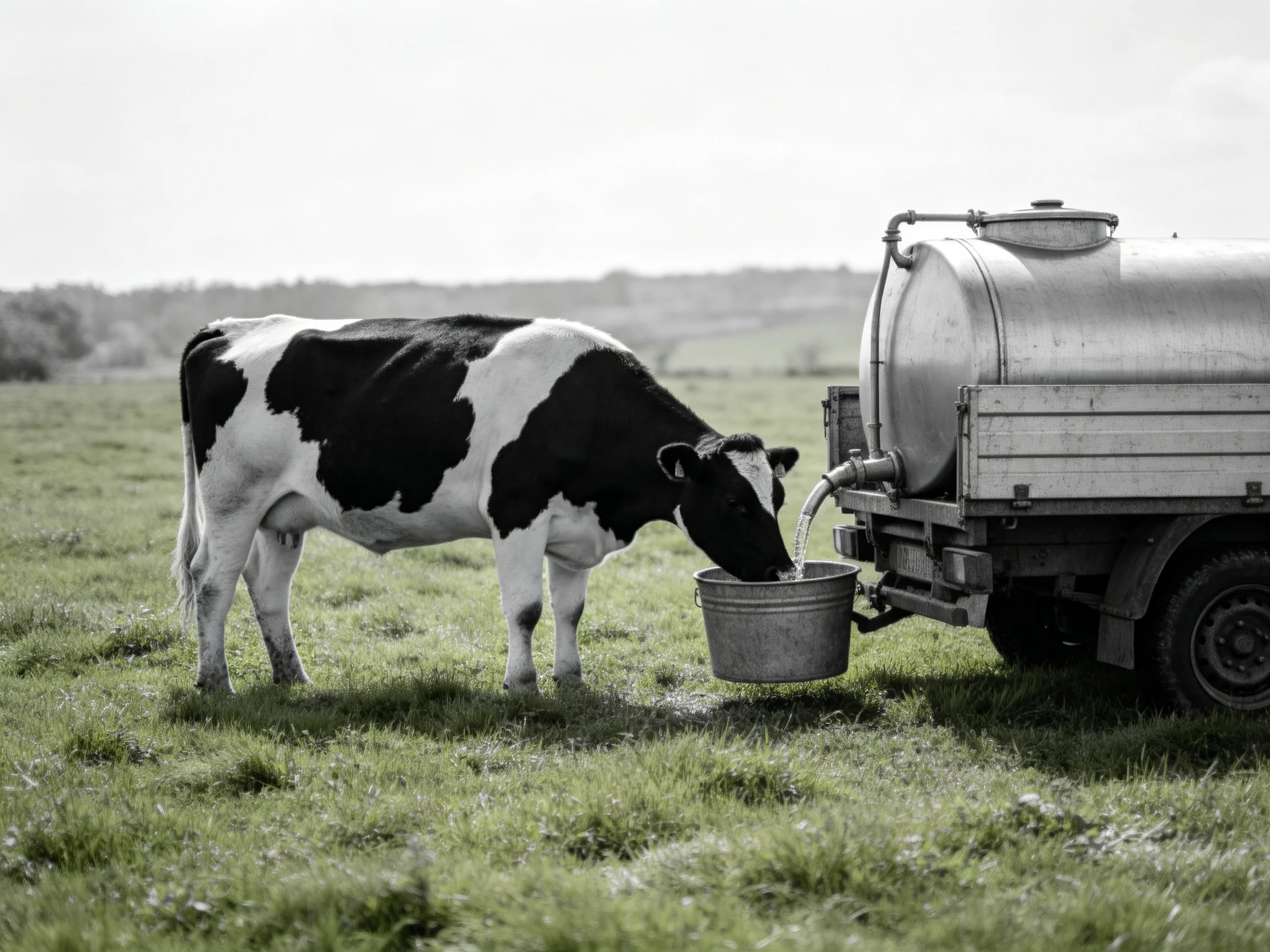 A black-and-white cow drinks from a metal bucket near a large trailer