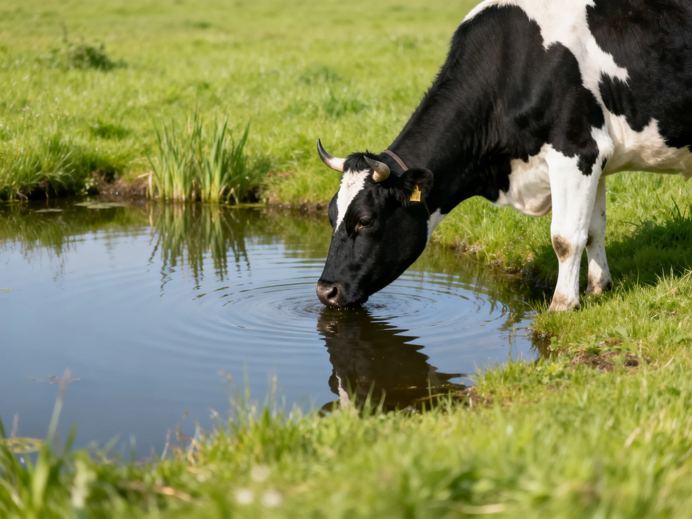 A black and white cow drinks from a small pond in a lush meadow