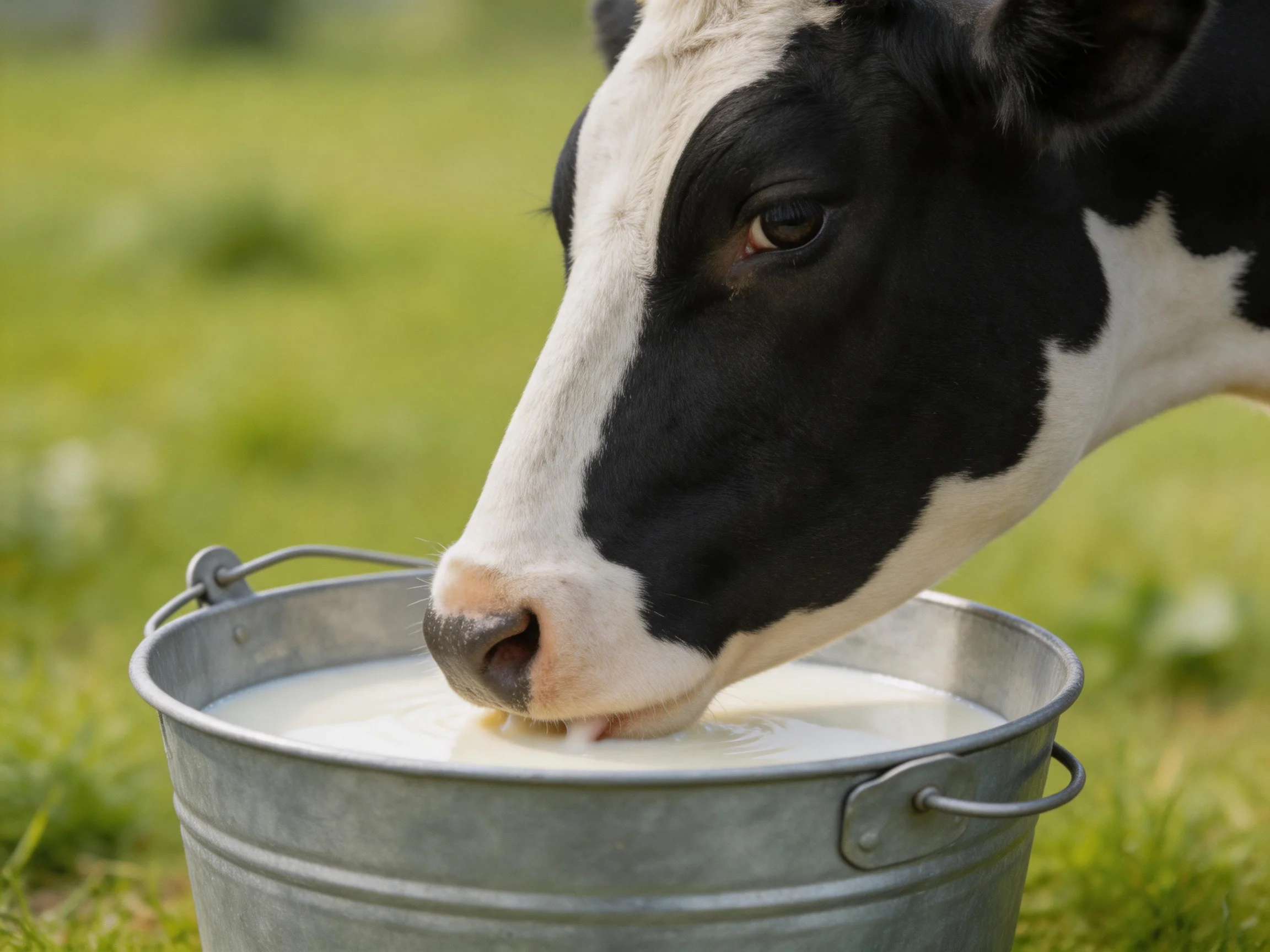 A black and white cow drinks milk from a metal bucket in a grassy field