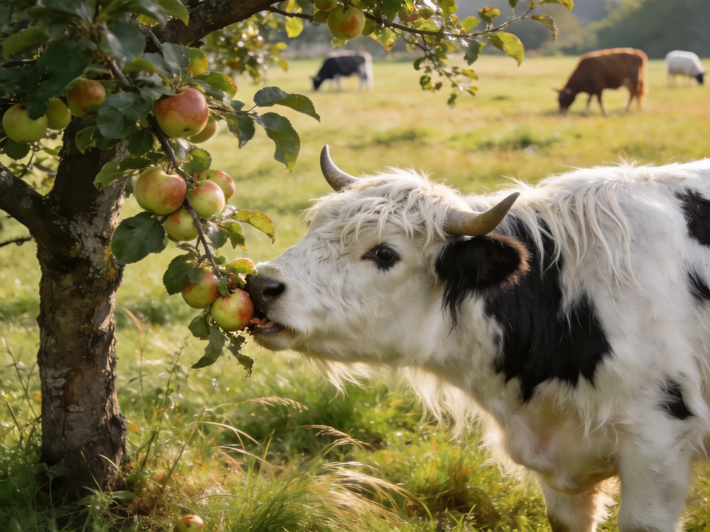 A black-and-white cow eats apples from a lush apple tree near grazing cattle