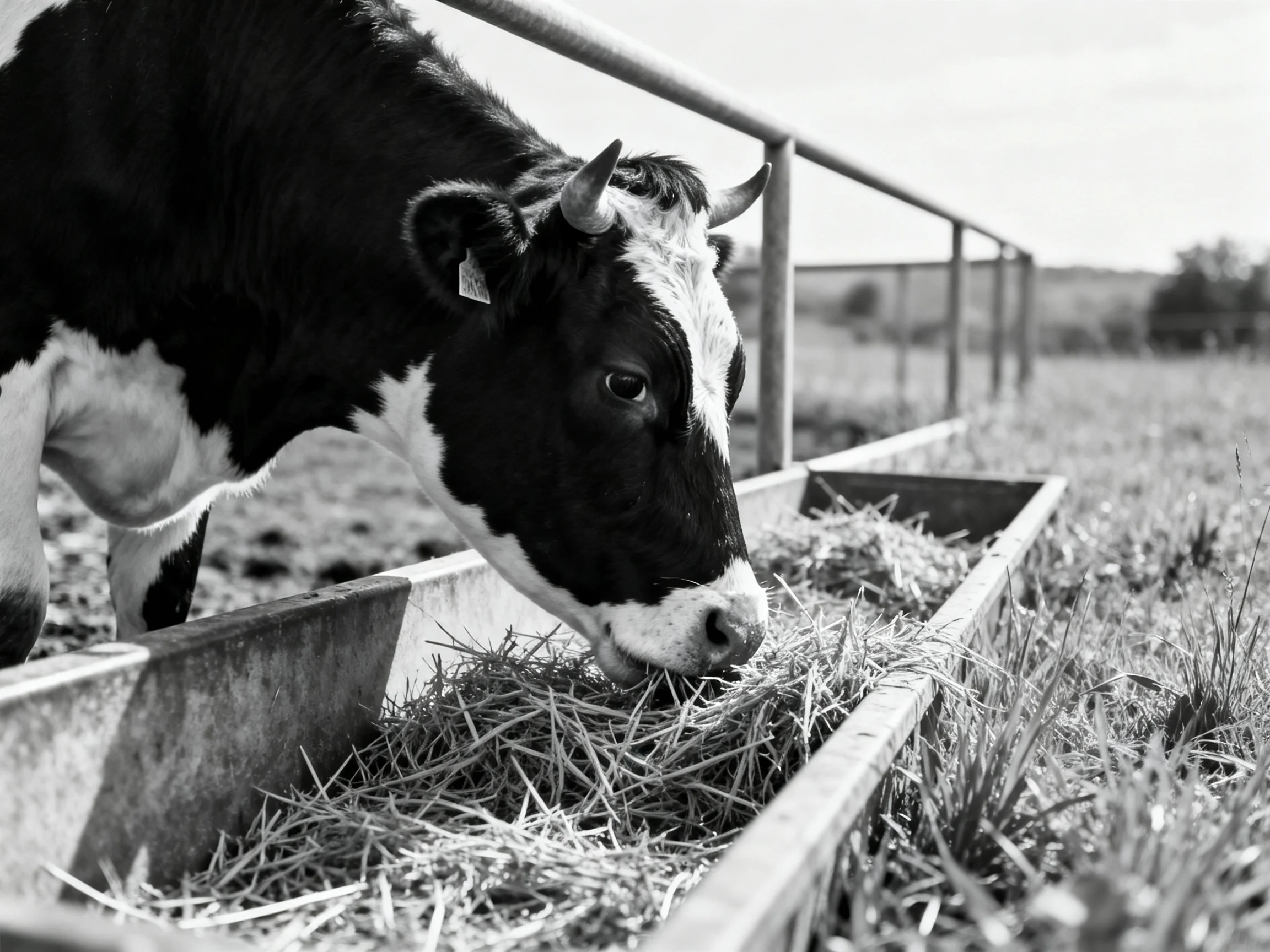 A black and white cow feeding from an outdoor metal trough