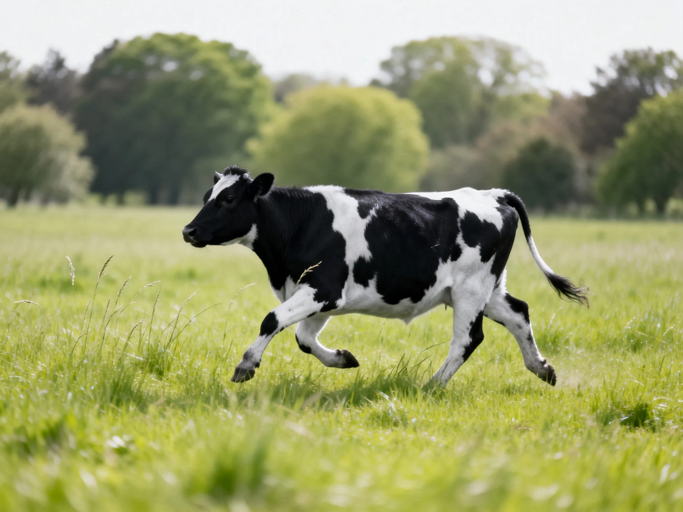 A black and white cow galloping through a lush green meadow