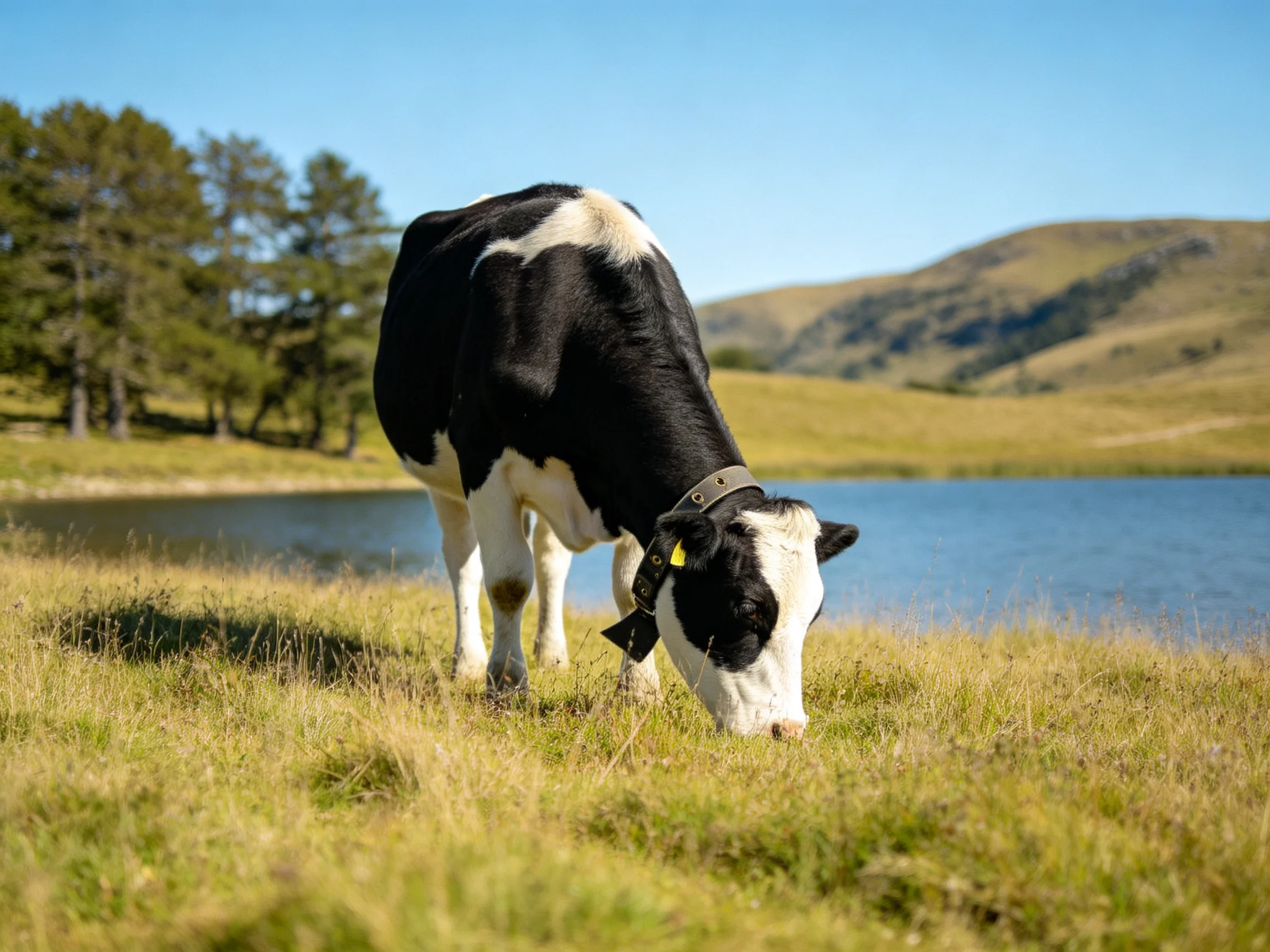 A black and white cow grazes by a calm lake with rolling hills