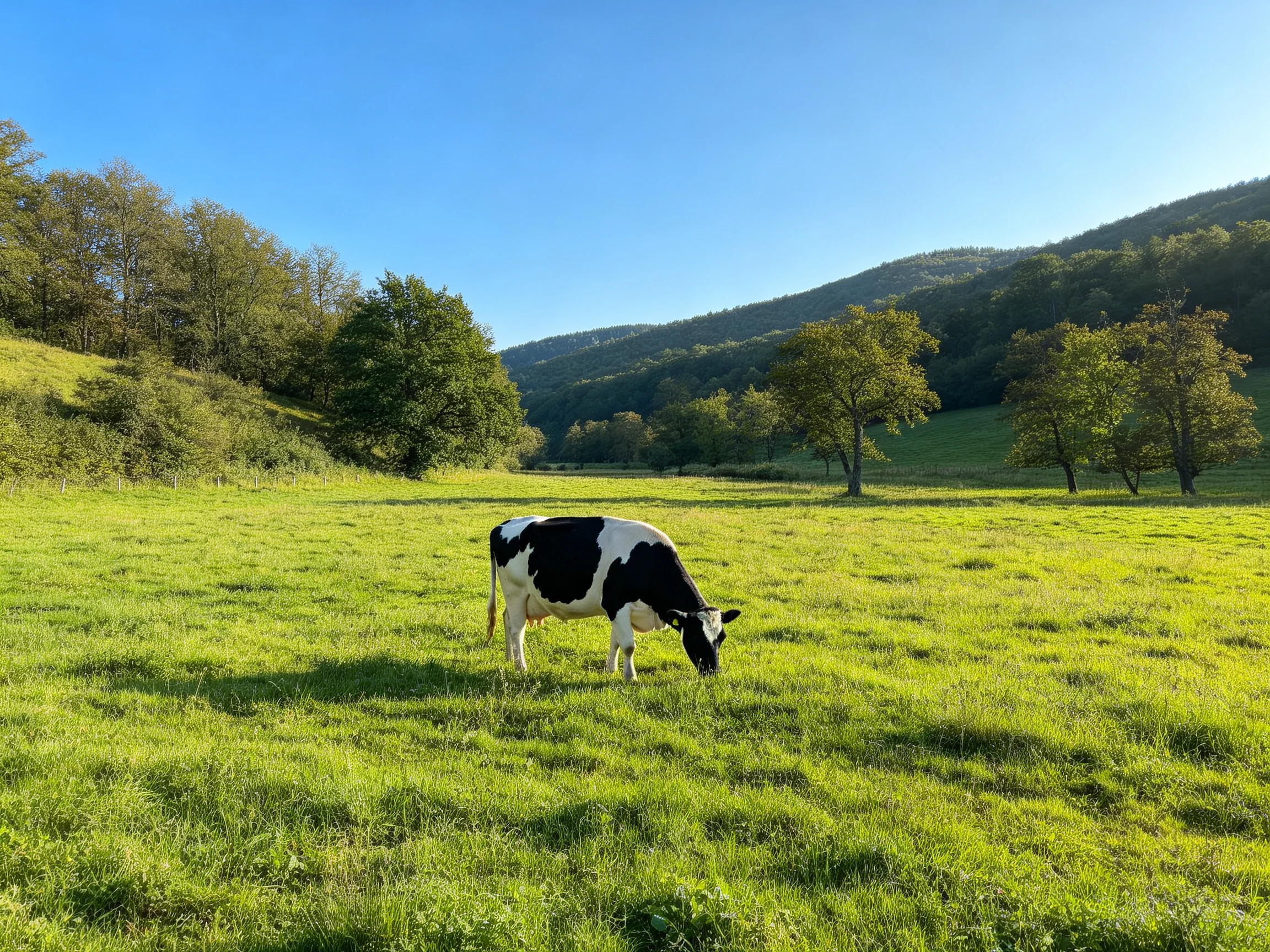 A black - and - white cow grazes in a lush green meadow near forested hills