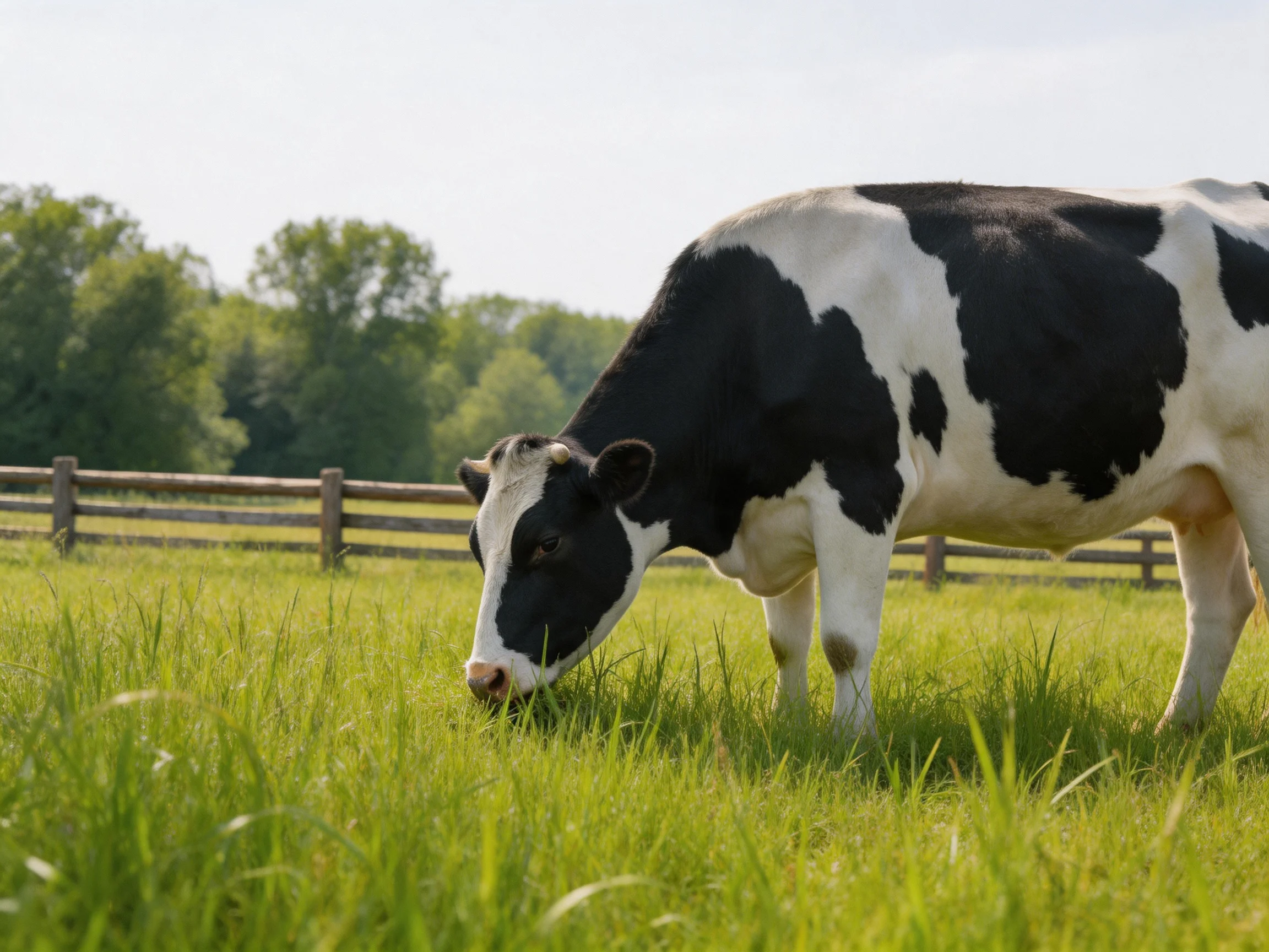 A black and white cow grazes in a lush green pasture with wooden fences
