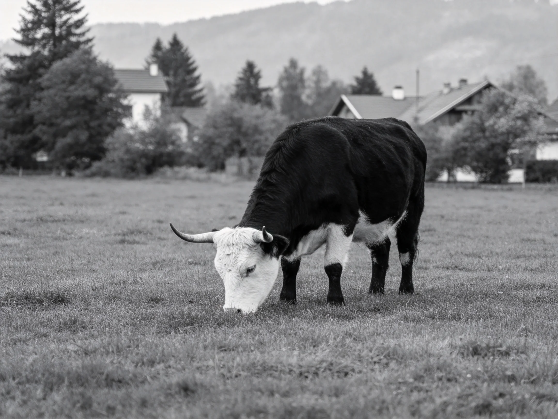 A black and white cow grazes in a rural field near houses