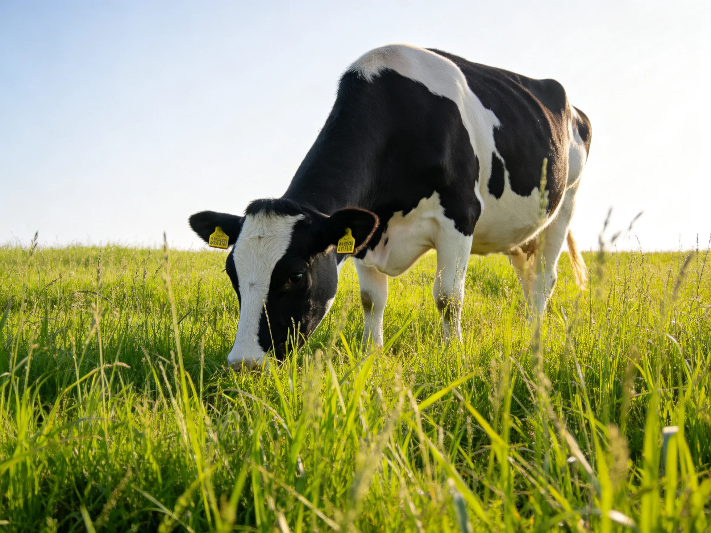 A black and white cow grazes in a sunlit green pasture