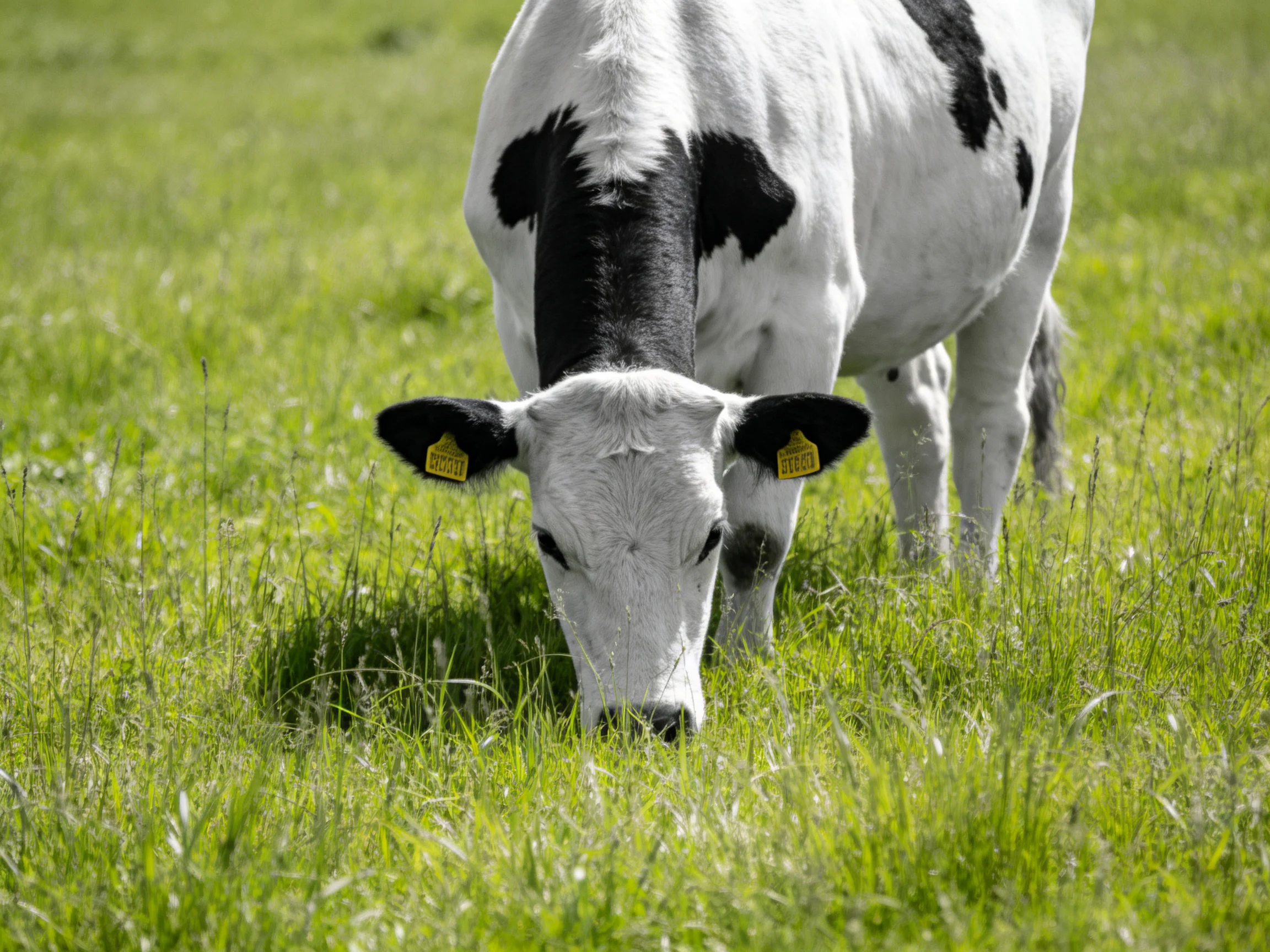 A black and white cow grazes in lush green pasture