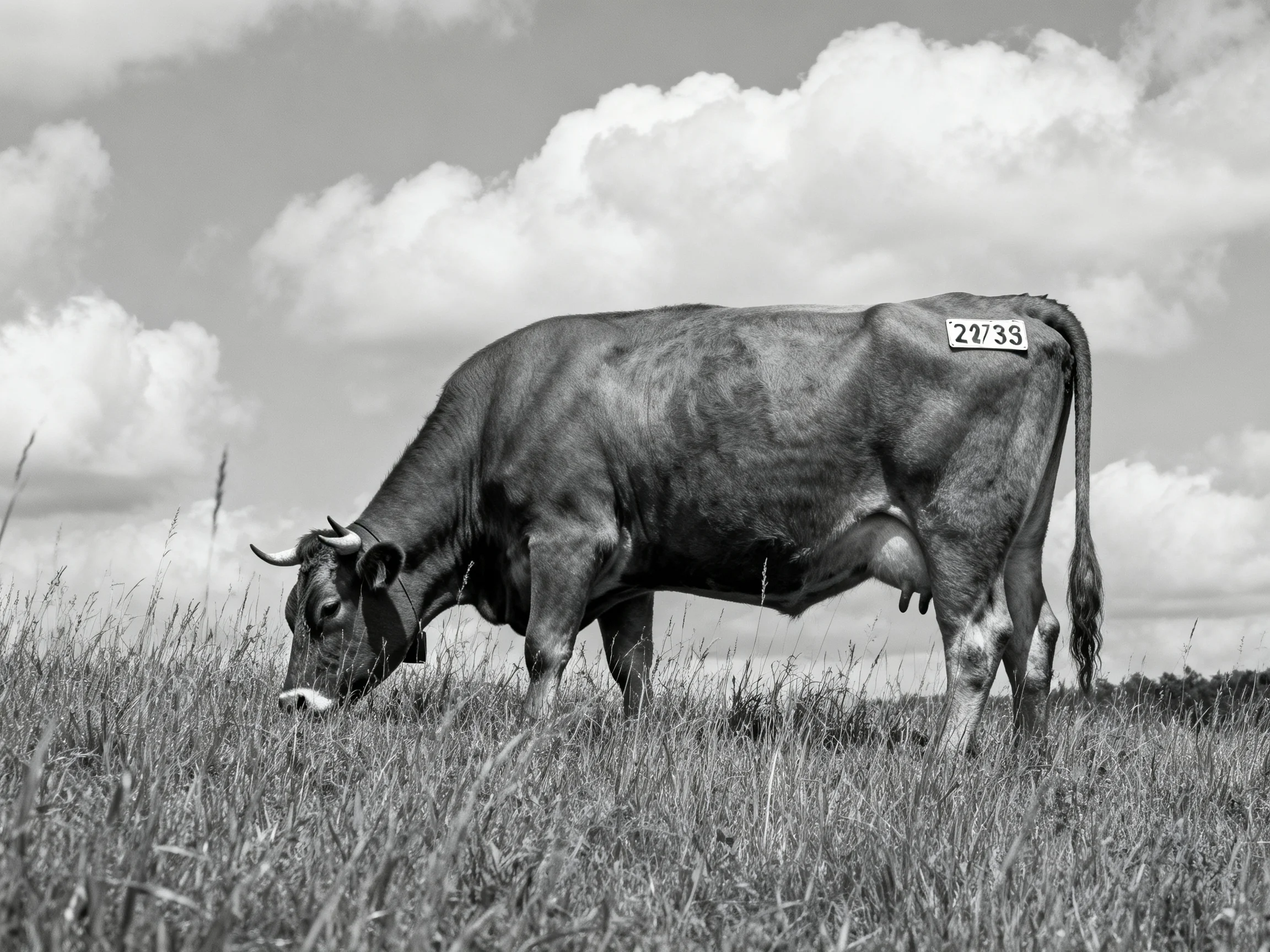 A black-and-white cow grazes in tall grass under cloudy skies