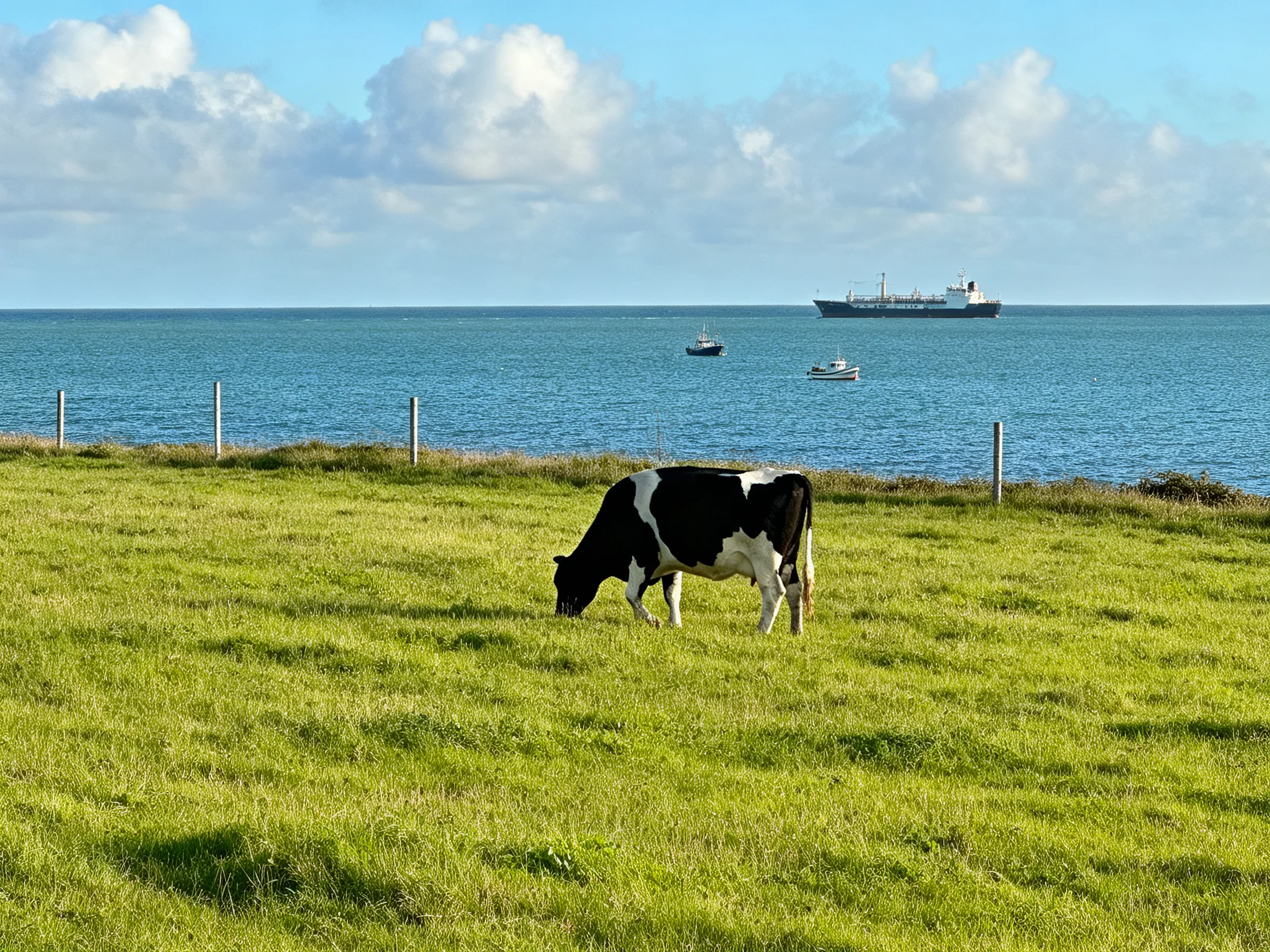 A black-and-white cow grazes near a calm blue sea with ships