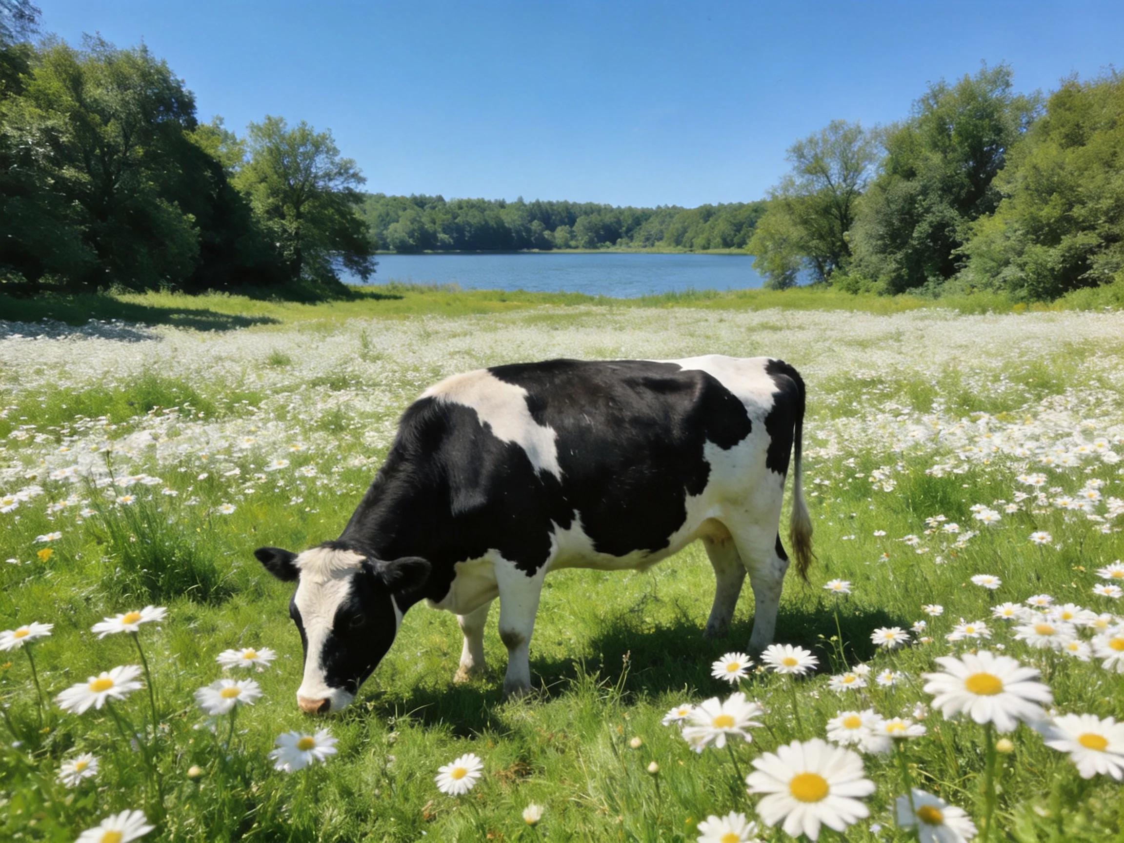 A black-and-white cow grazing in a flower-filled meadow near a lake