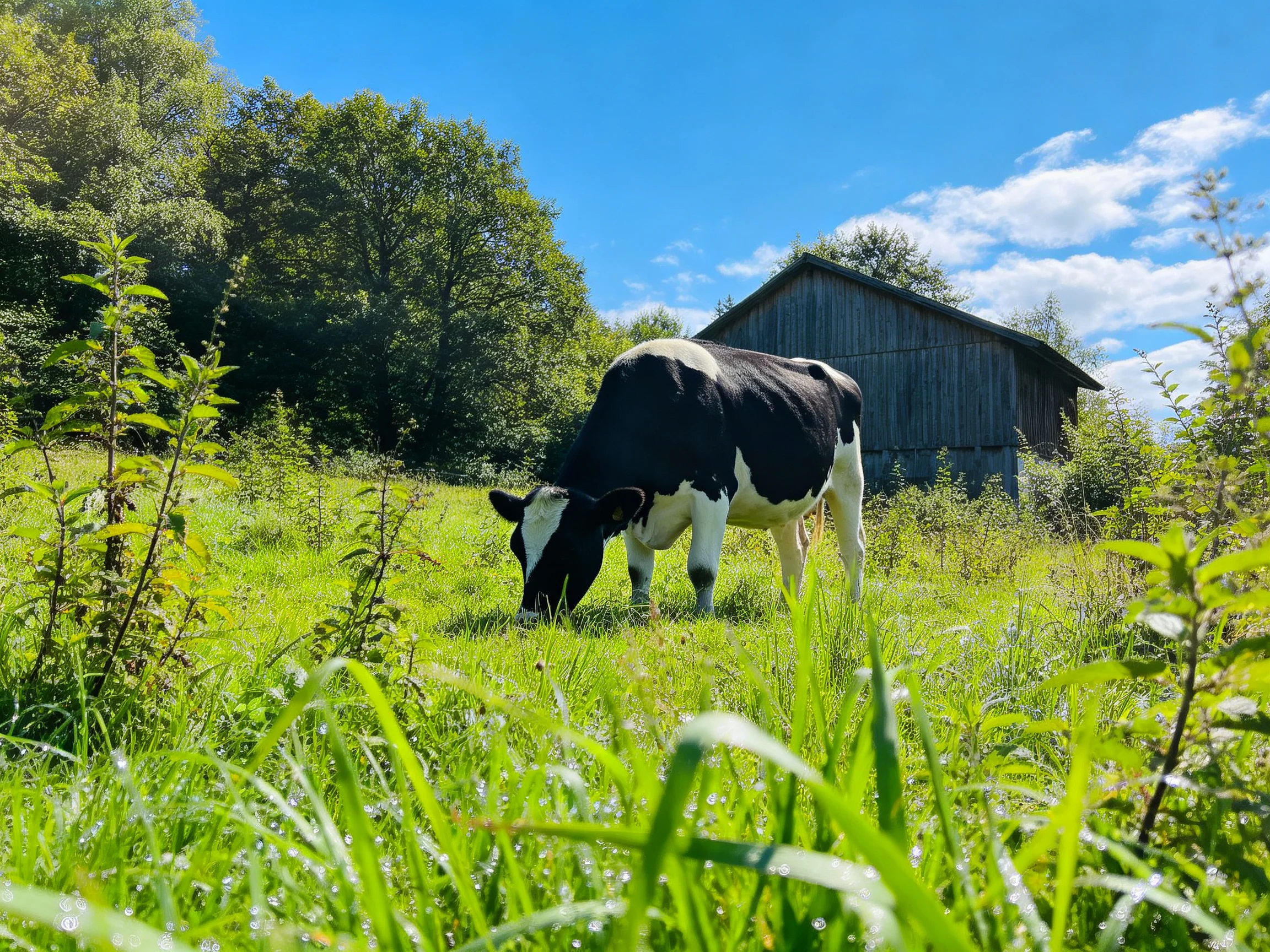 A black-and-white cow grazing in a lush green meadow near an old wooden barn