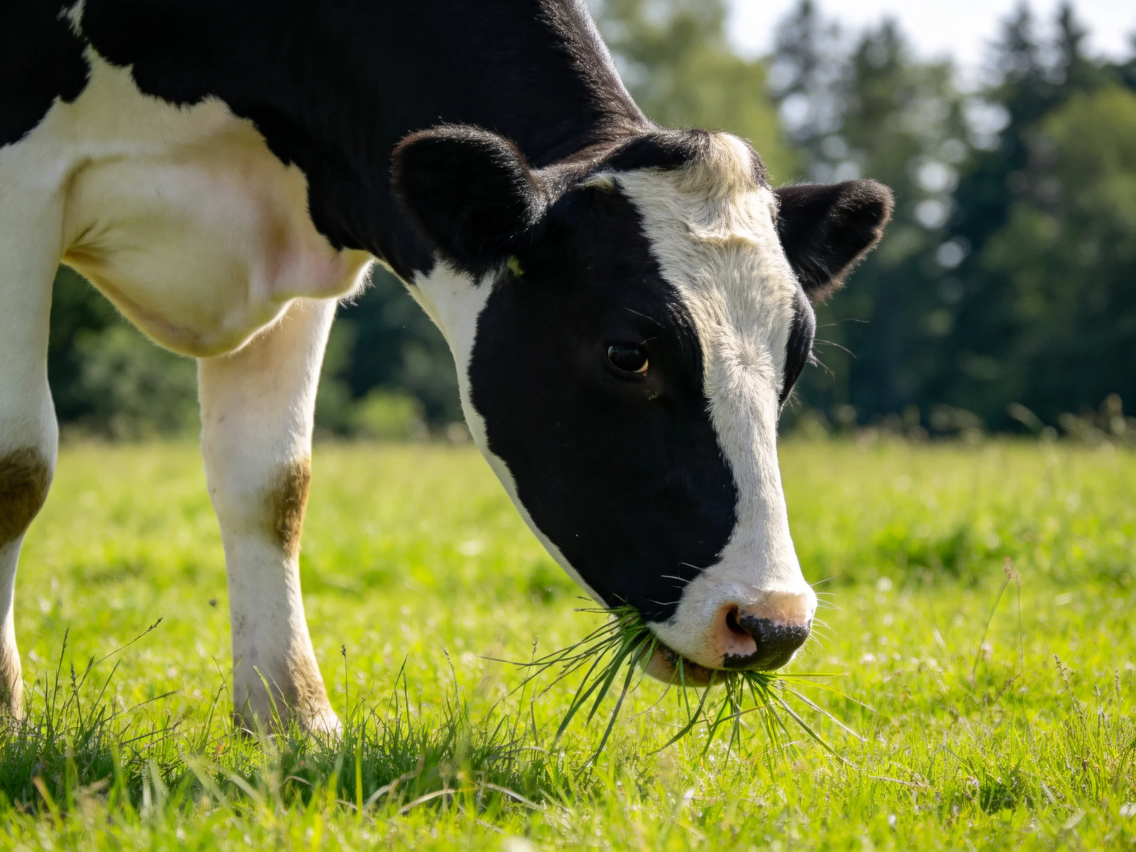 A black and white cow grazes in a sunlit green pasture with trees in the distance.