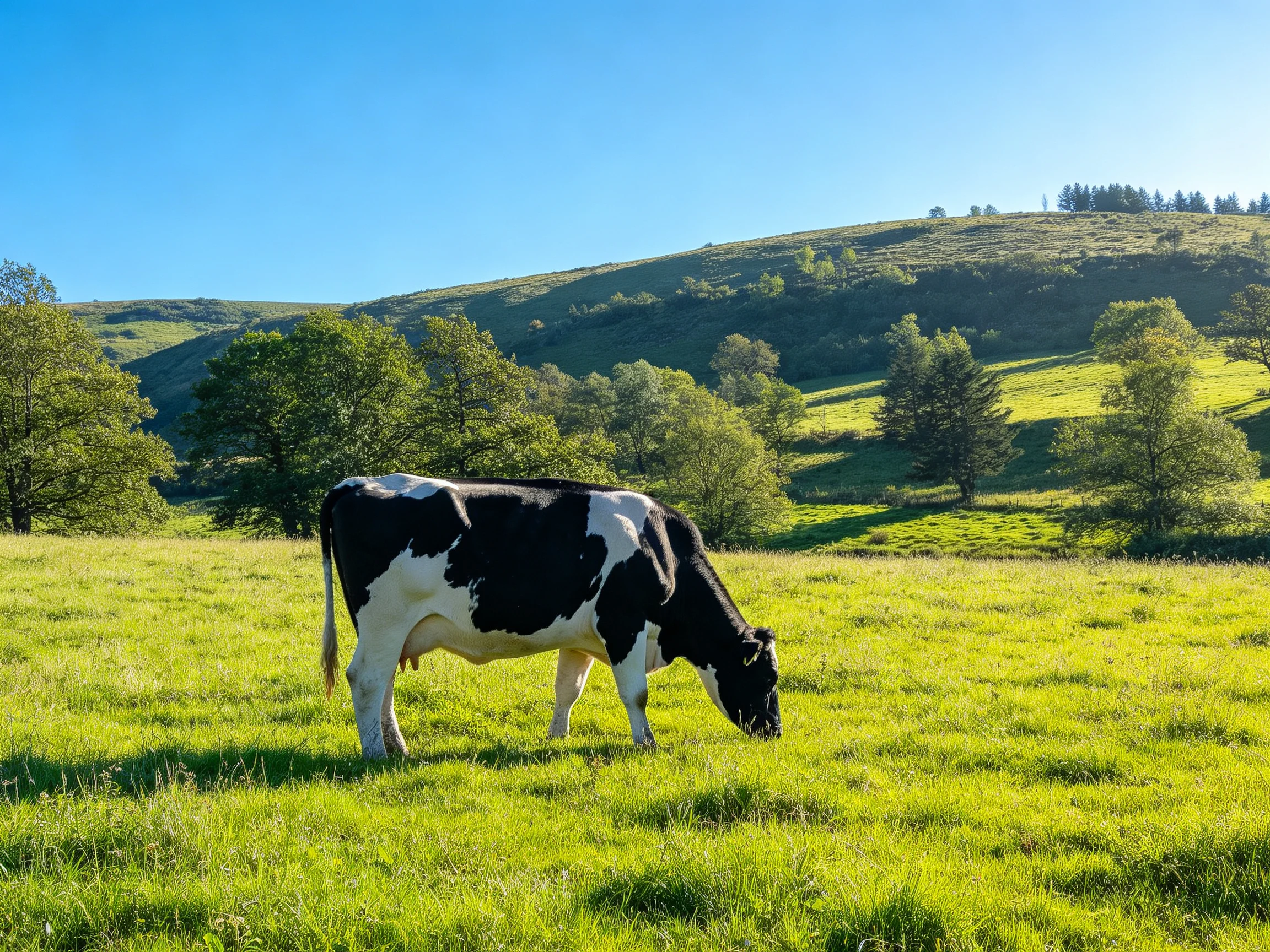 A black-and-white cow grazes in a sunlit meadow near rolling hills
