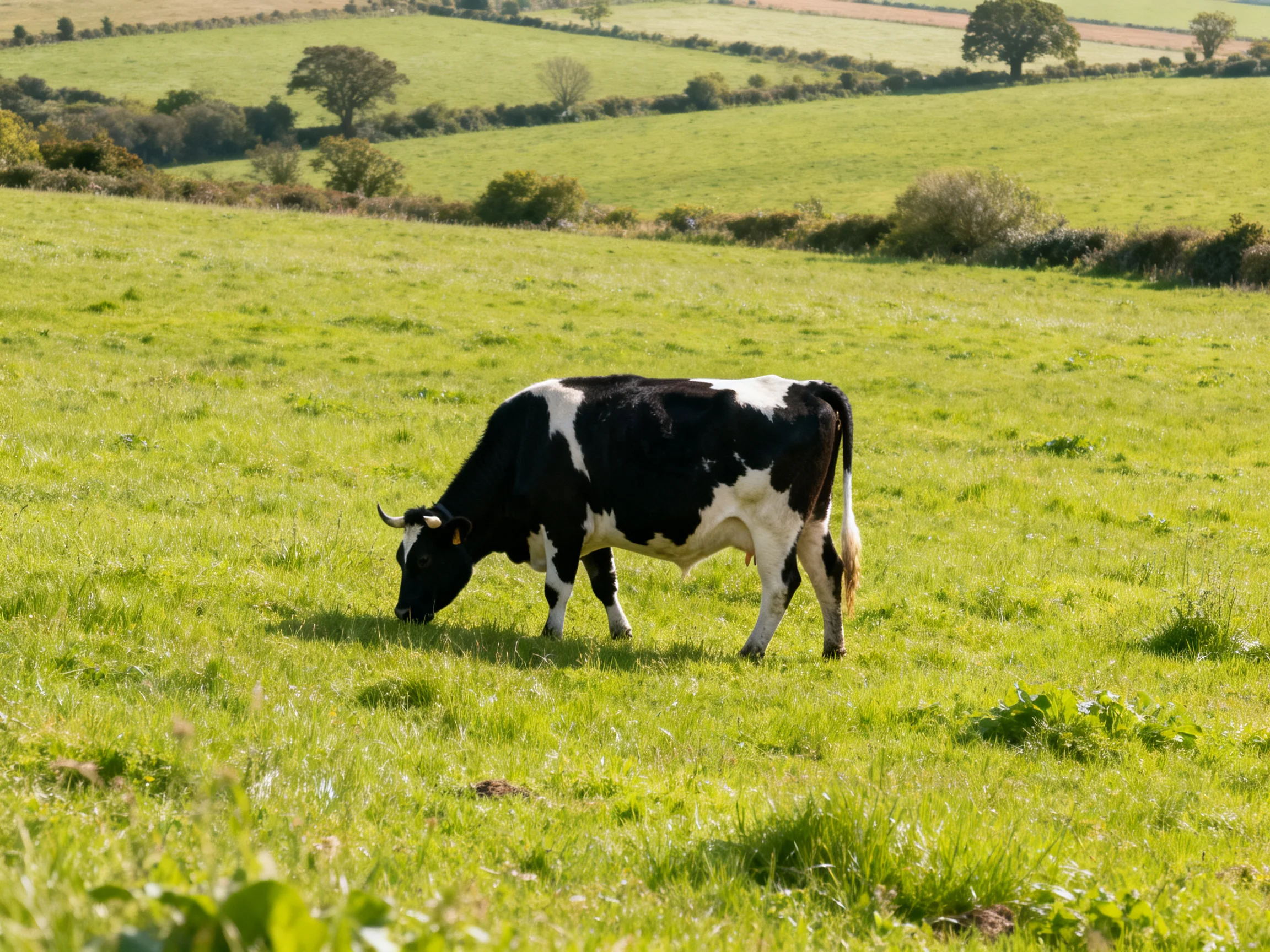 A black and white cow grazing in a lush green pasture
