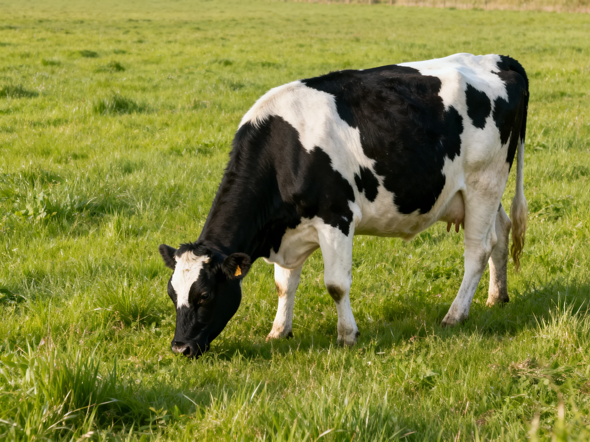 A black and white cow grazing in a lush green pasture