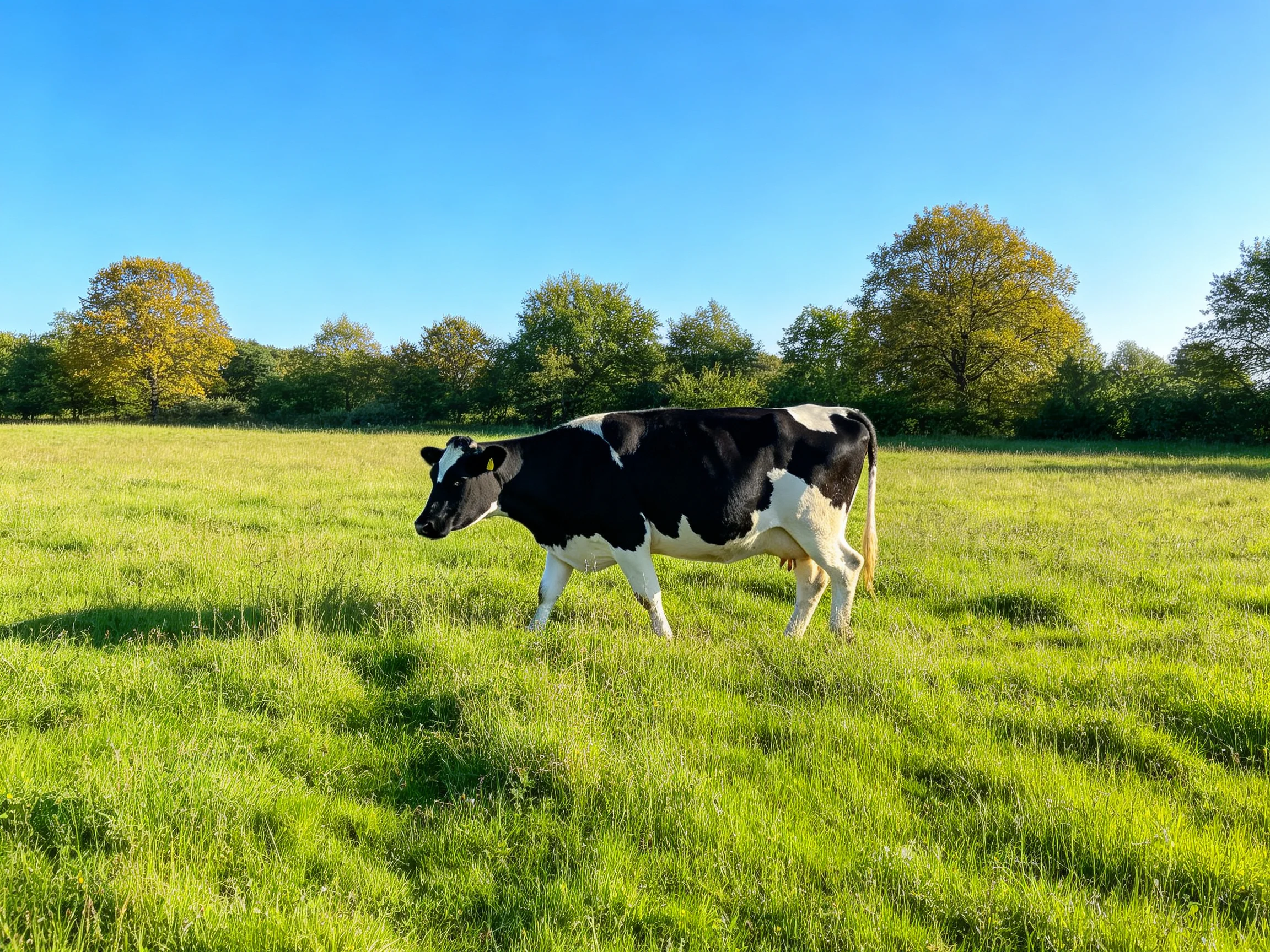 A black and white cow roams through a sunlit green pasture with trees in the distance.