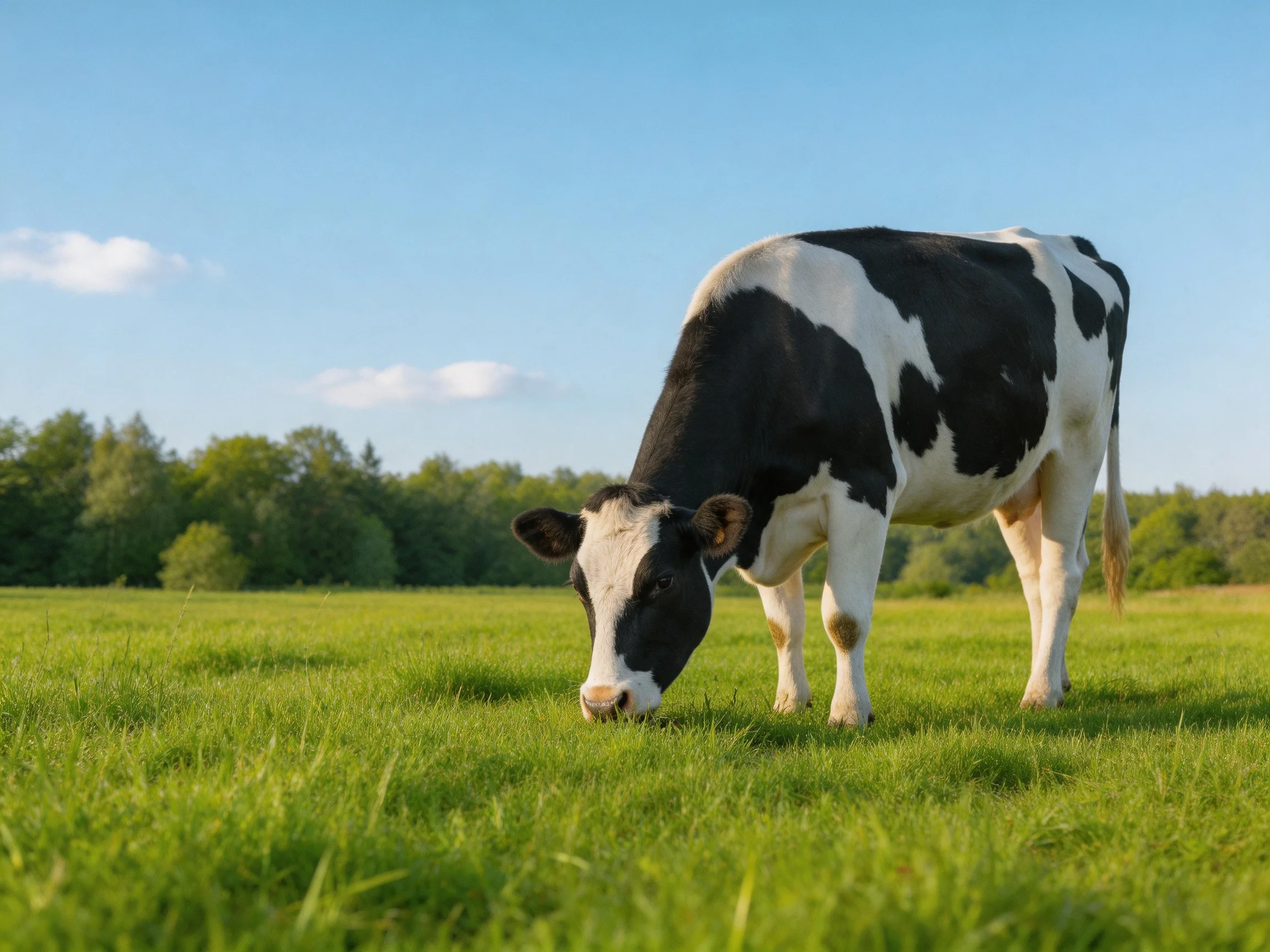 A black and white cow grazes in a sunlit, green pasture near trees.