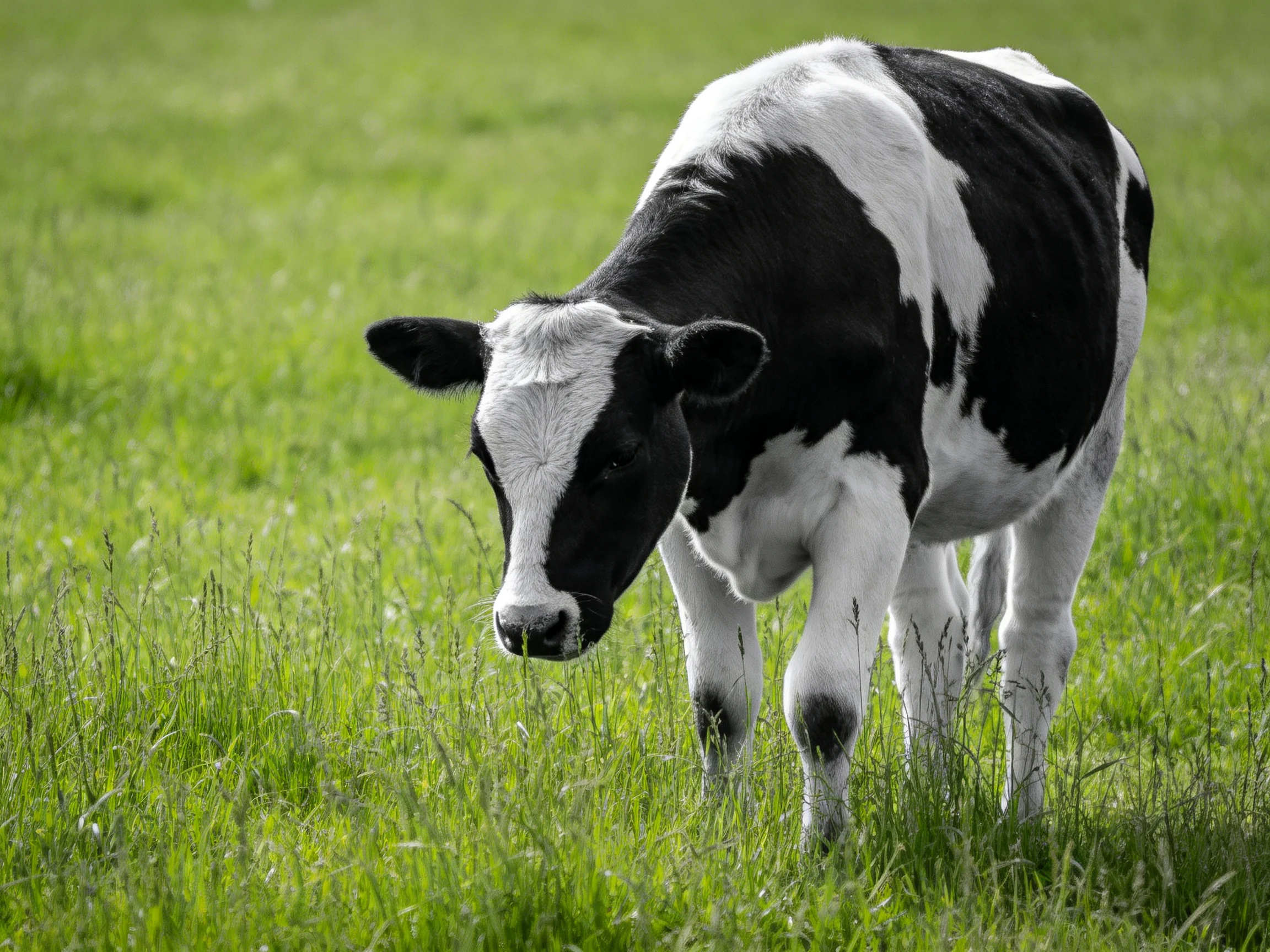 A black and white cow grazing in a lush green pasture