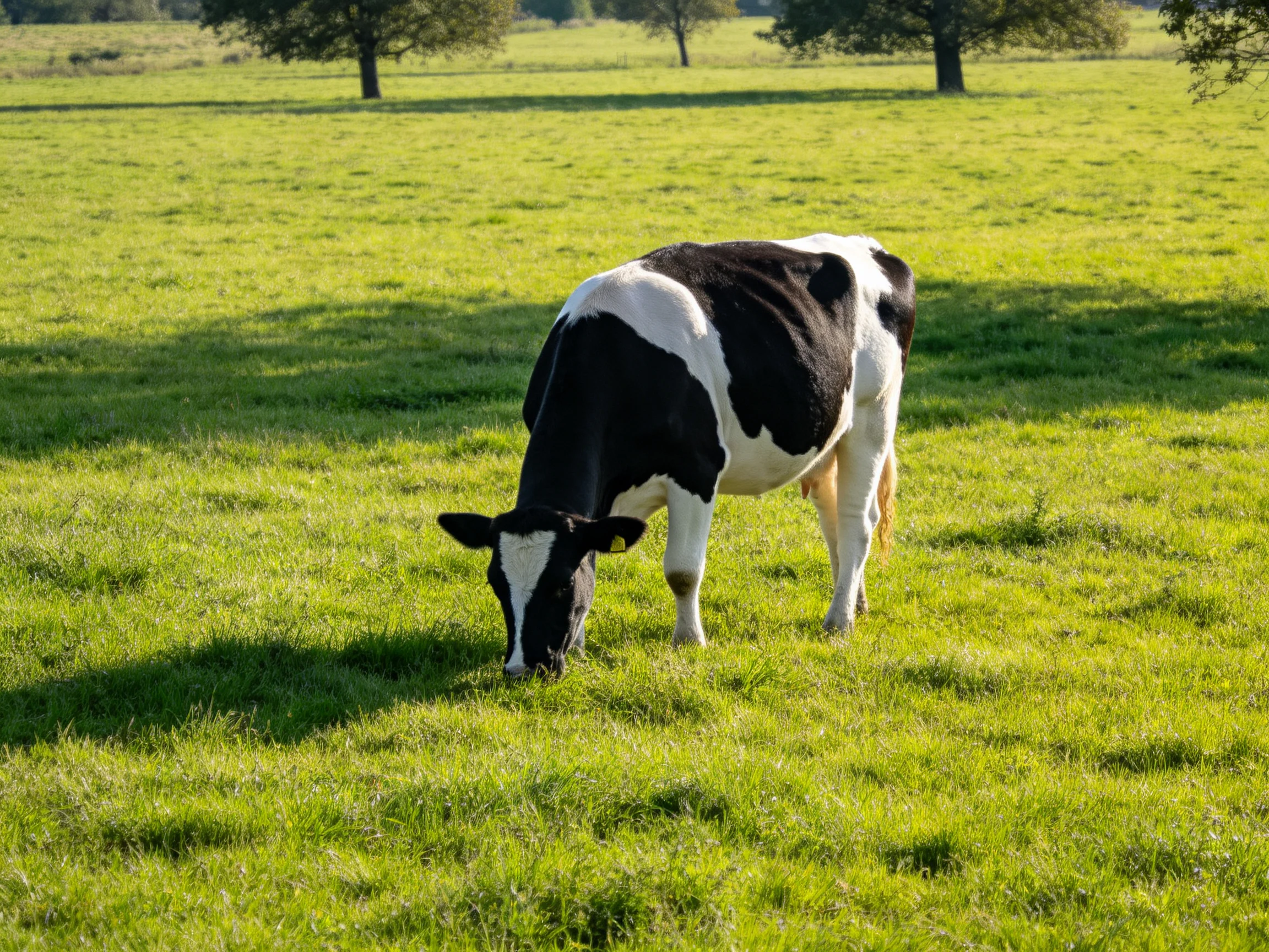 A black and white cow grazes in a sunlit green pasture.