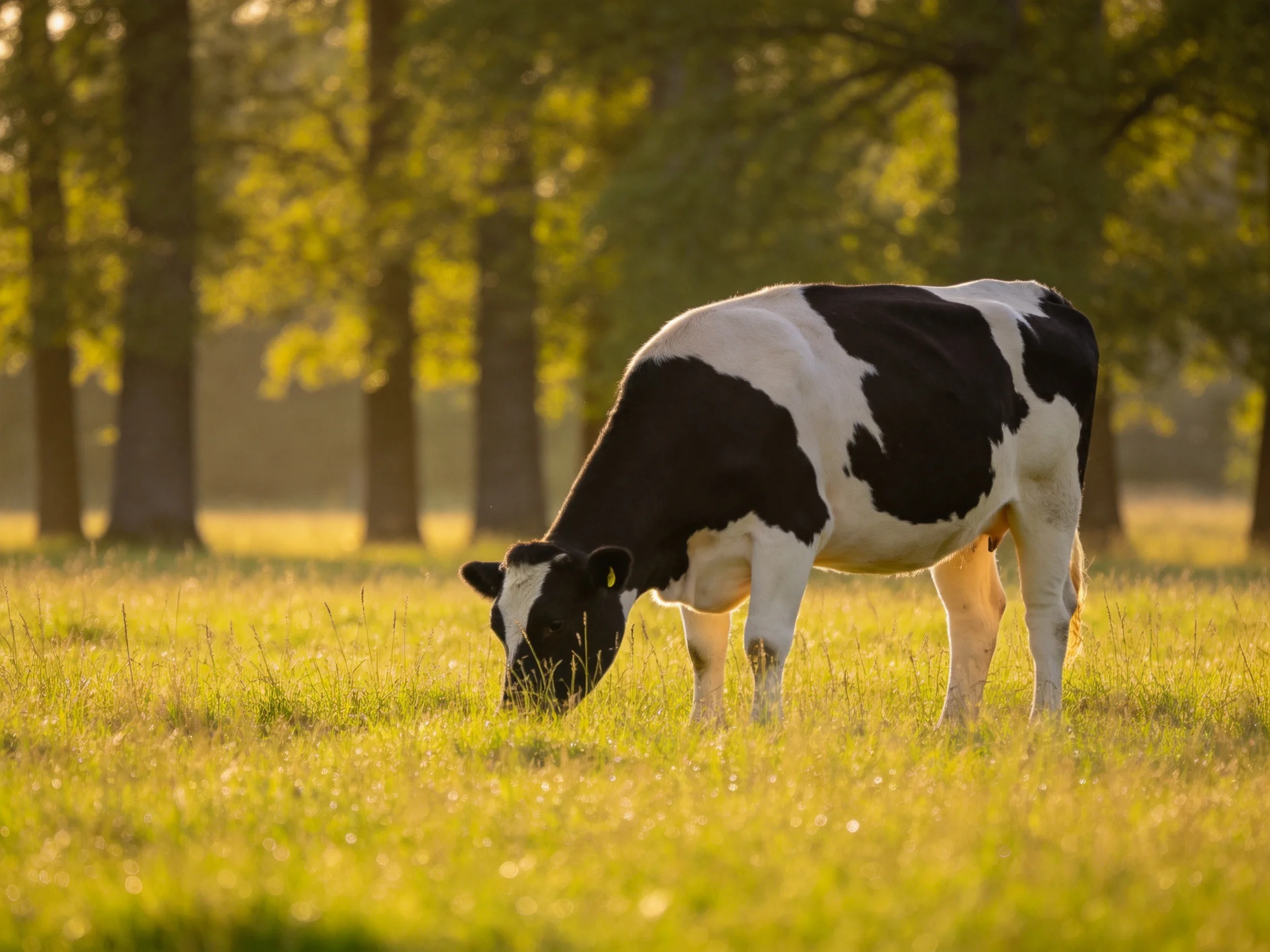 A black and white cow grazes in a sunlit meadow near tall trees.