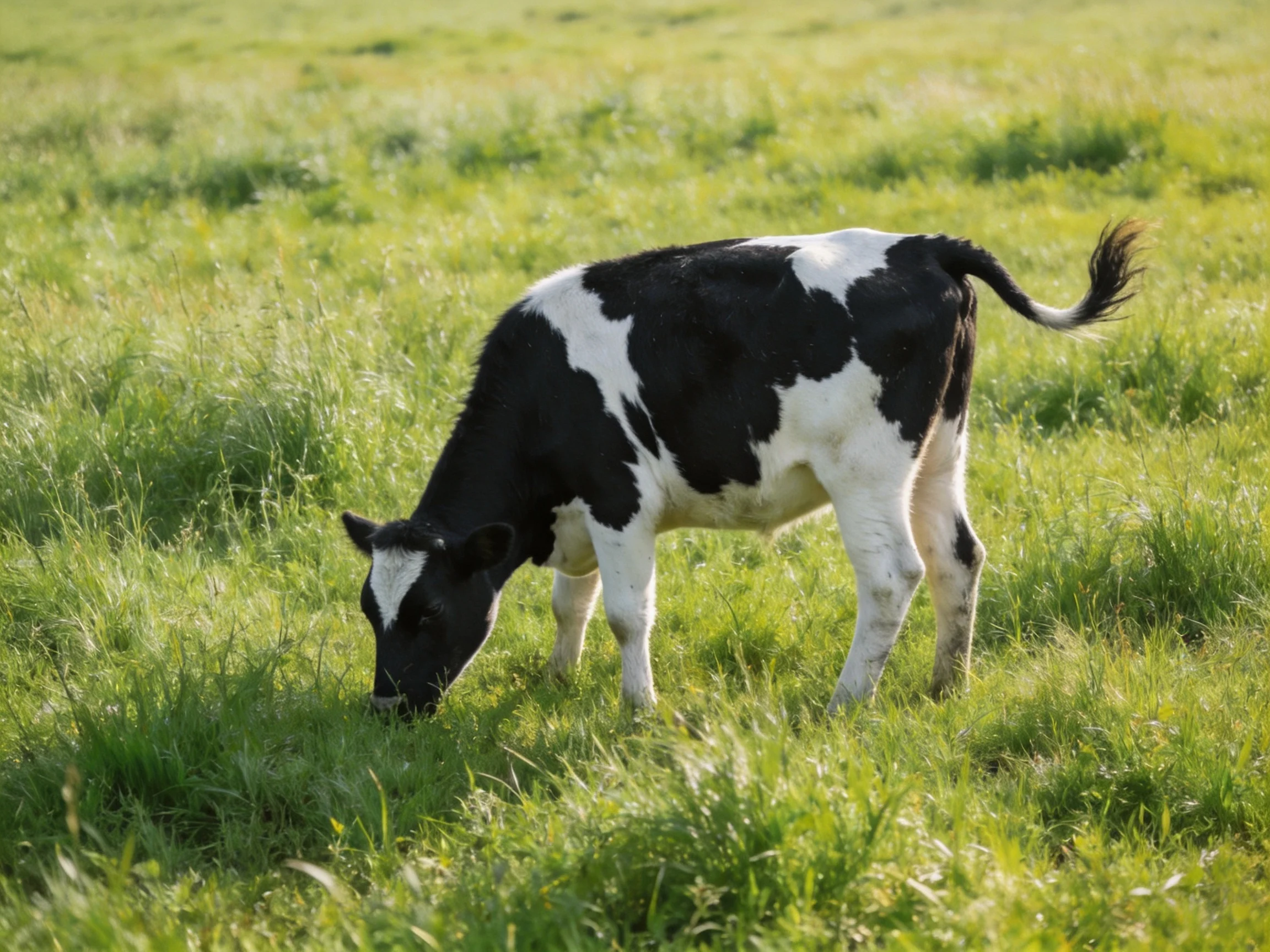 A black and white cow grazing in a sunlit green pasture