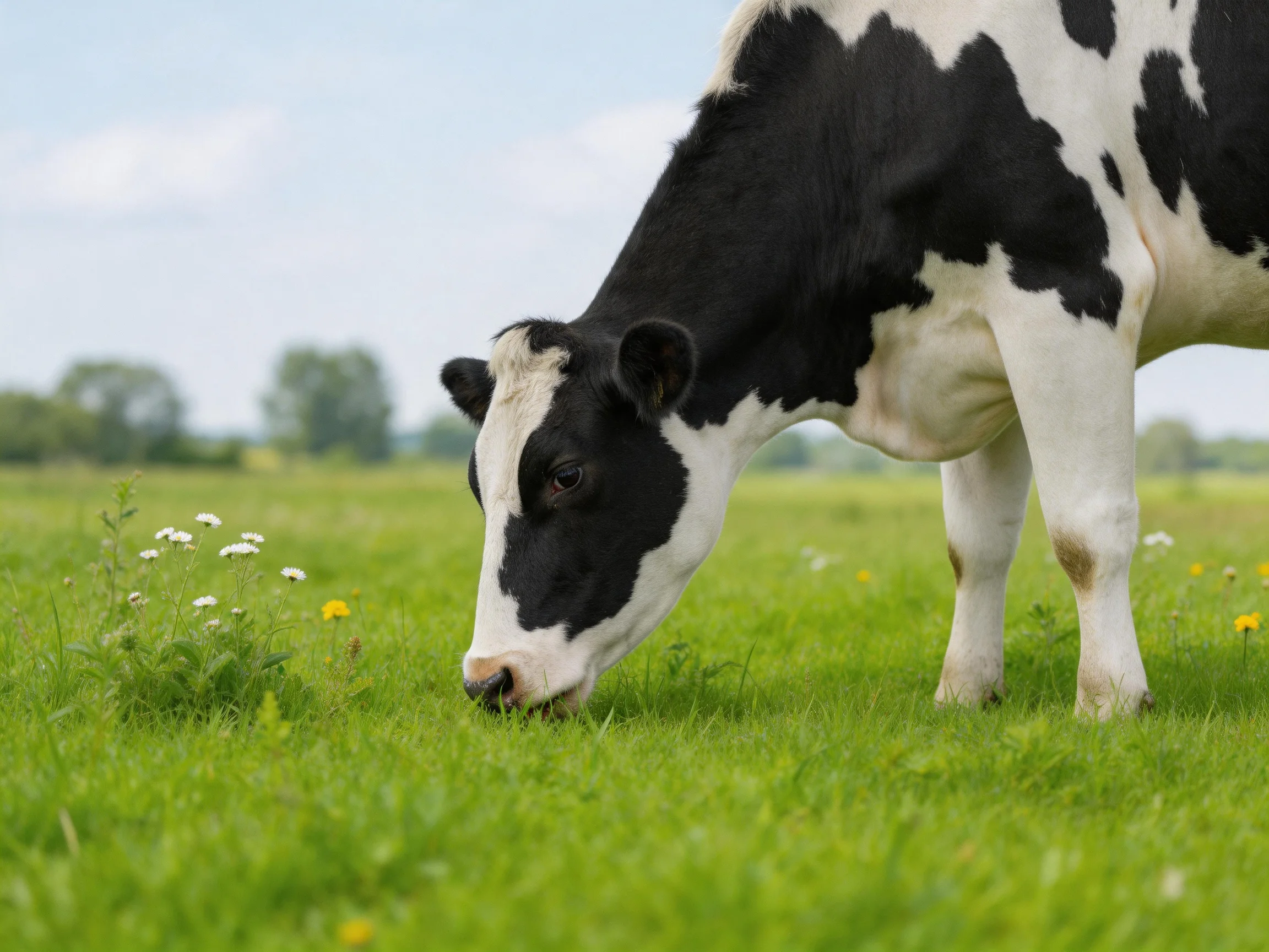 A black and white cow grazing in a verdant meadow
