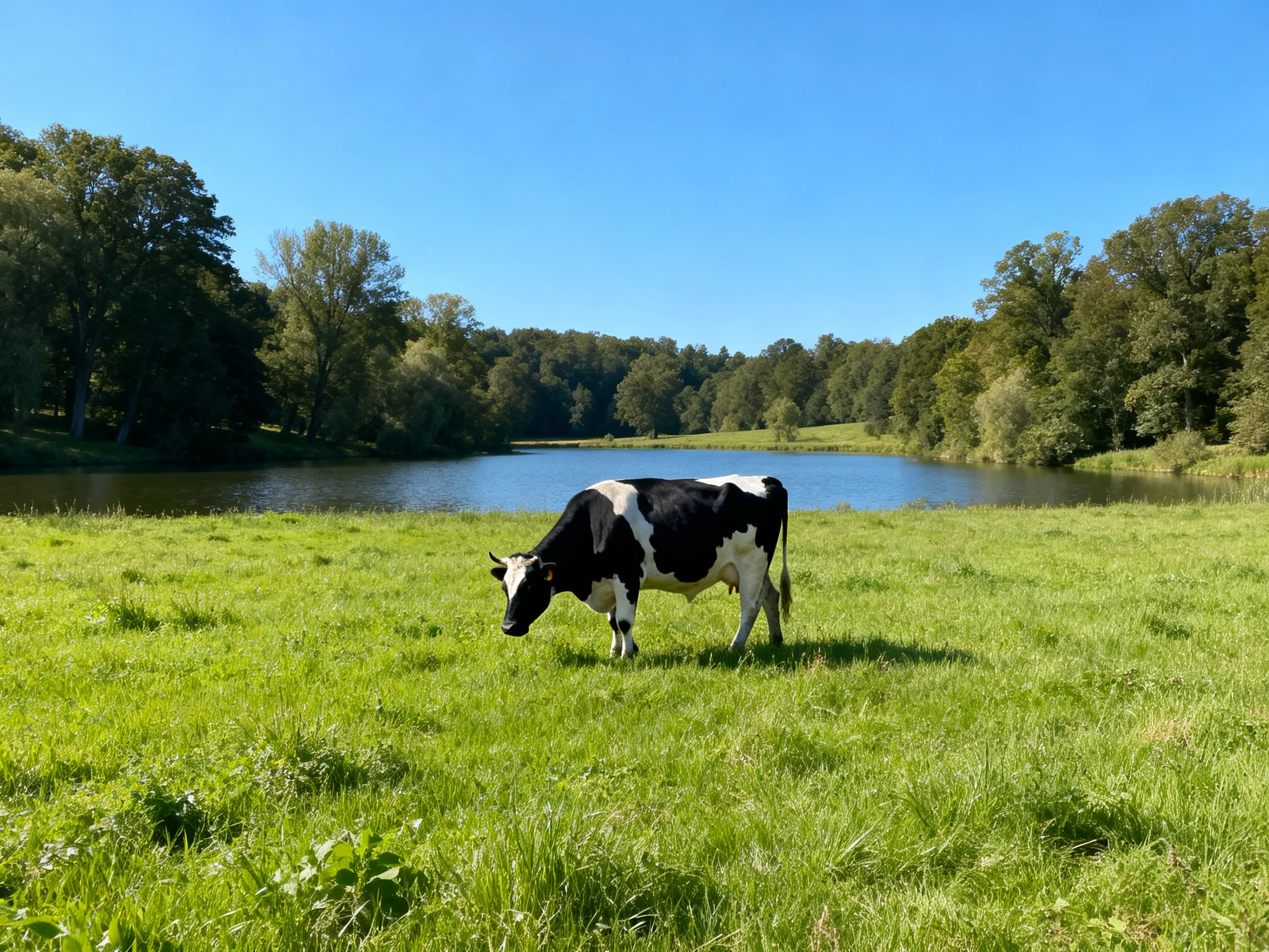 A black and white cow grazing near a calm river with lush green meadow