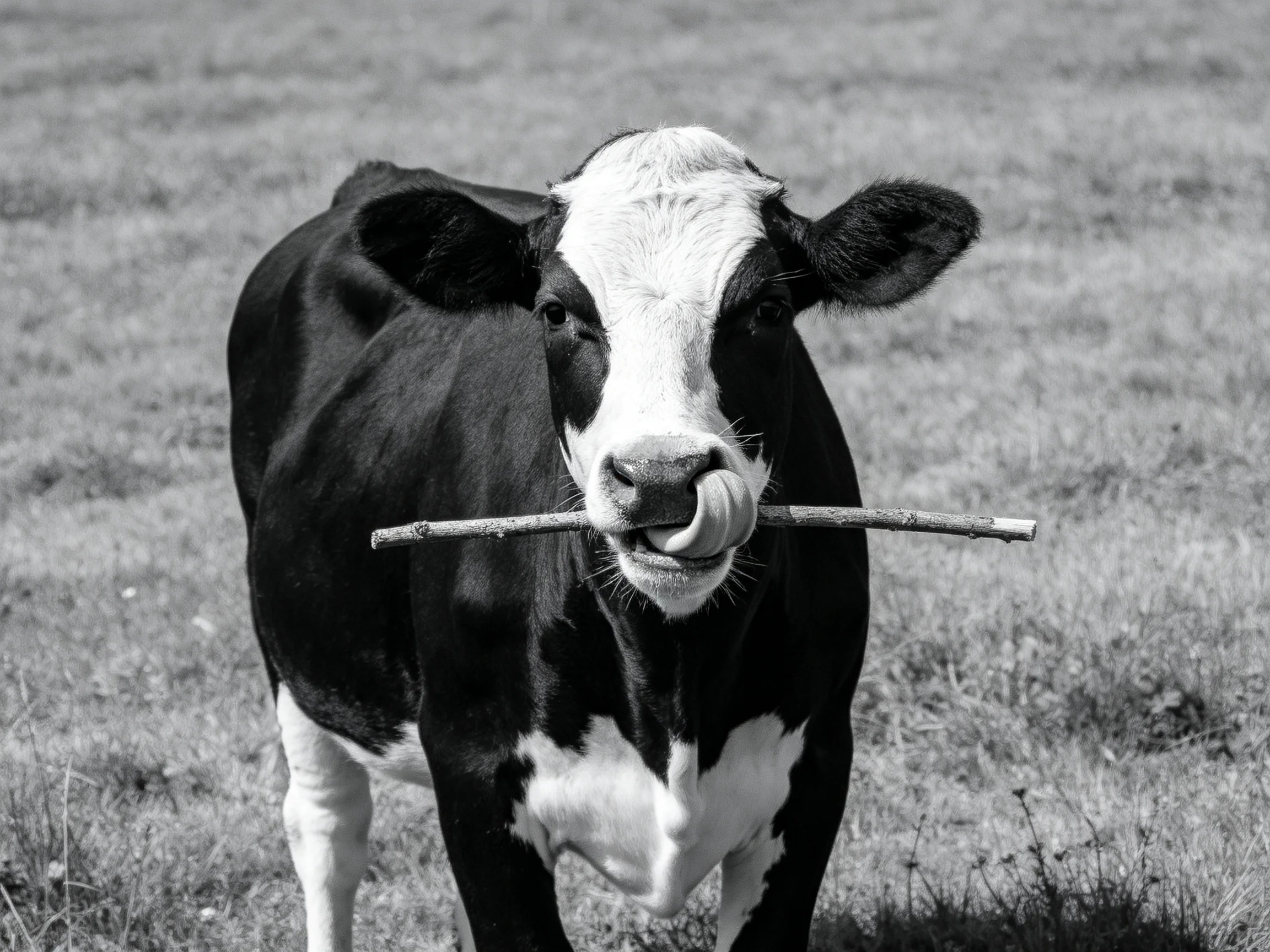 A black and white cow holds a thin wooden stick in a grassy field