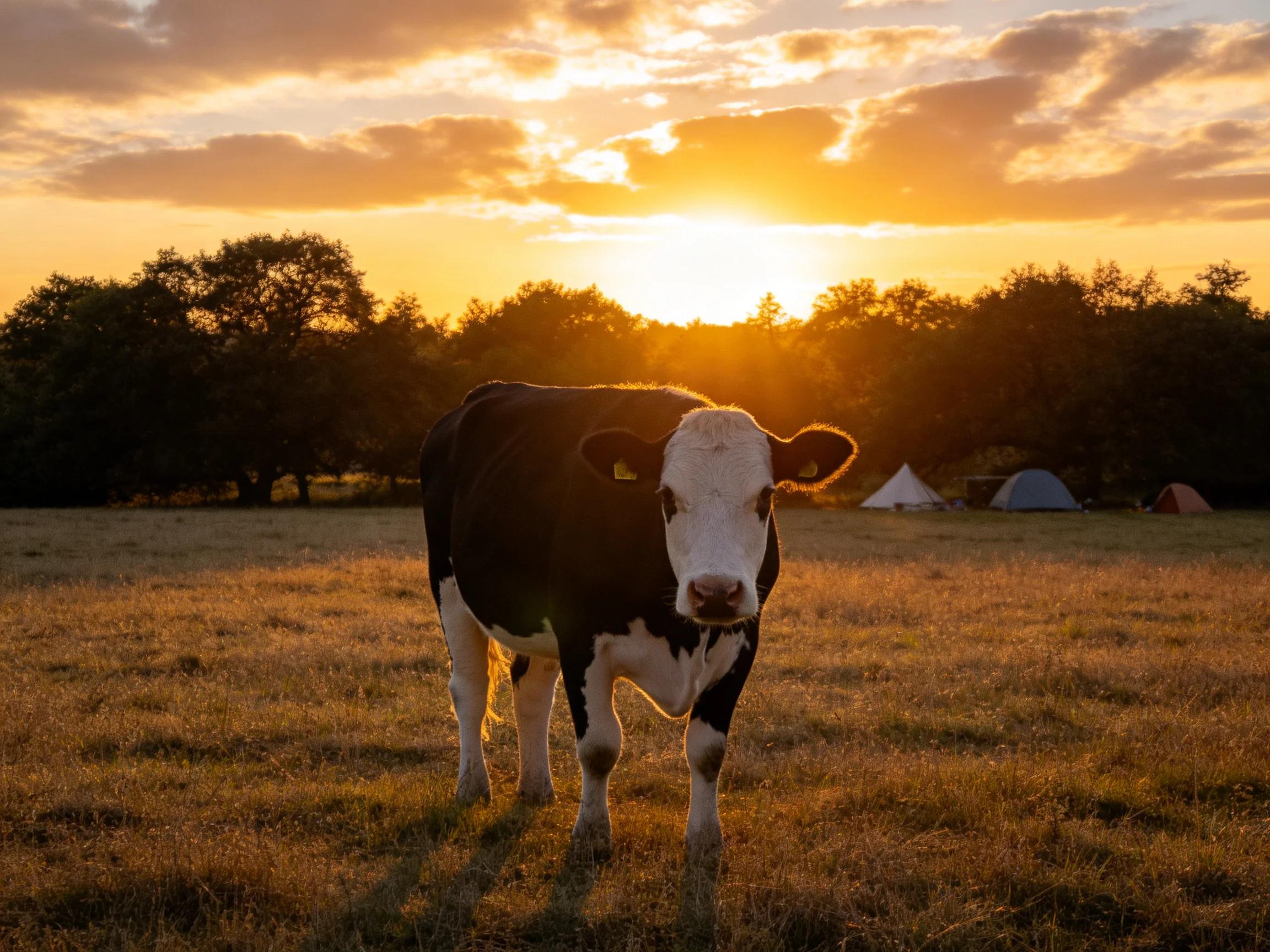 A black-and-white cow in a golden field at sunset near tents